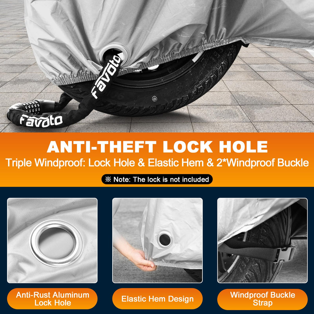 Favoto Motorcycle Cover Waterproof Outdoor All Weather Snow Rain Dust UV Protection Motorcycle Tarp with Lock-Holes ＆ Storage Bag Moped Cover with Night Reflective Strips Fits up to 86.6"