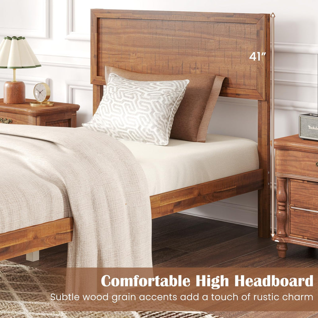 Giantex Wood Twin Bed Frames with Headboard, Solid Acacia Wood Platform Bed with 12 Strong Wooden Slat Support, Scandinavian Style Art Deco Twin Size Bed Frame, No Box Spring Needed, Rustic Brown