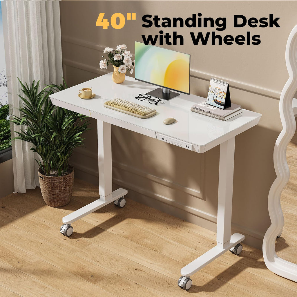 Glass Electric Standing Desk with Drawer, 35" x 20" Whole Piece Tabletop Samll Sit Stand Table, Height Adjustable Workstation with Storage & USB Ports, Quick Install Home Office Desk