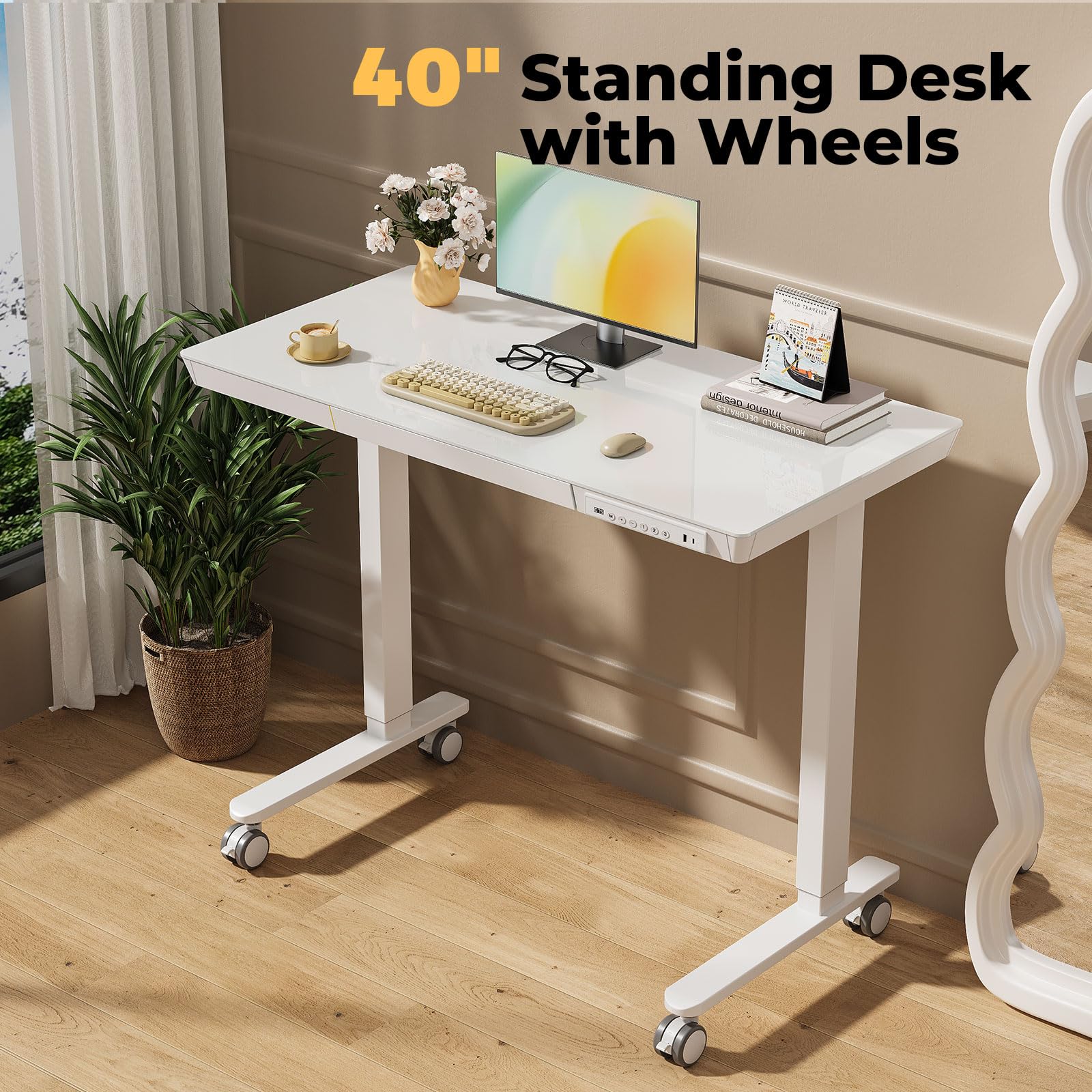 Glass Electric Standing Desk with Drawer, 35" x 20" Whole Piece Tabletop Samll Sit Stand Table, Height Adjustable Workstation with Storage & USB Ports, Quick Install Home Office Desk