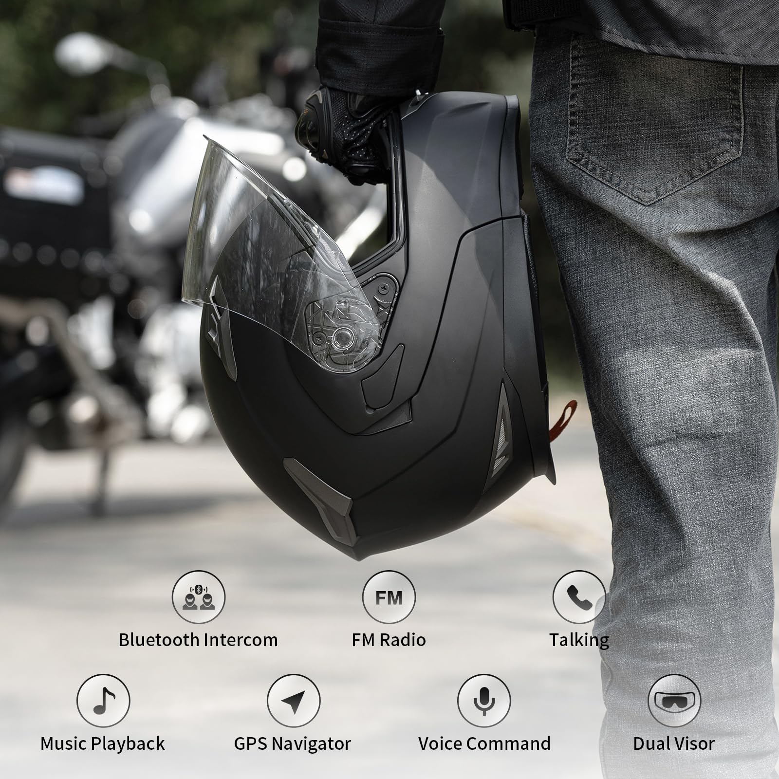 FreedConn BM2-S Bluetooth Motorcycle Helmet, Flip-Up Modular Motorbike Helmet, 500M Connectivity for 2-3 Riders, Voice Dial, Hands-Free Call, MP3, FM, DOT Certified (Medium, Gloss Black)