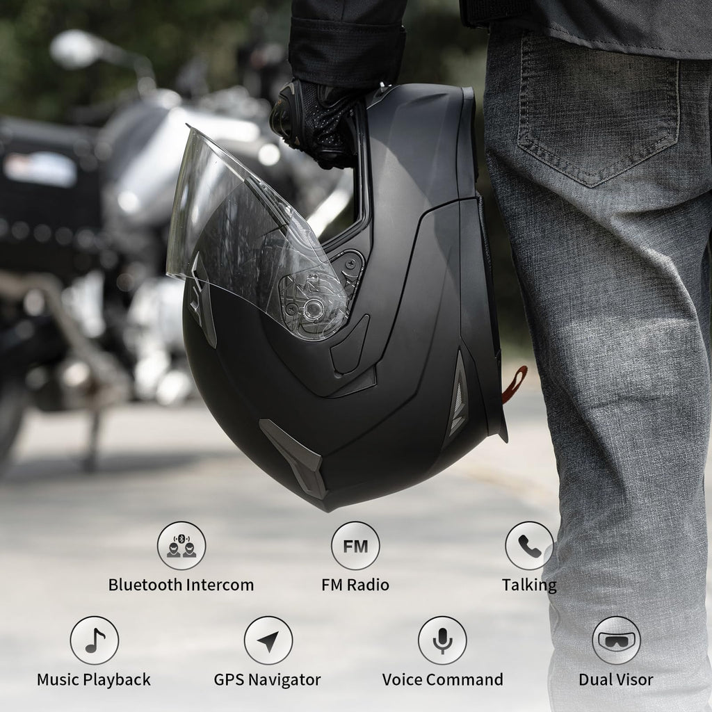 FreedConn BM2-S Bluetooth Motorcycle Helmet, Flip-Up Modular Motorbike Helmet, 500M Connectivity for 2-3 Riders, Voice Dial, Hands-Free Call, MP3, FM, DOT Certified (Medium, Gloss Black)