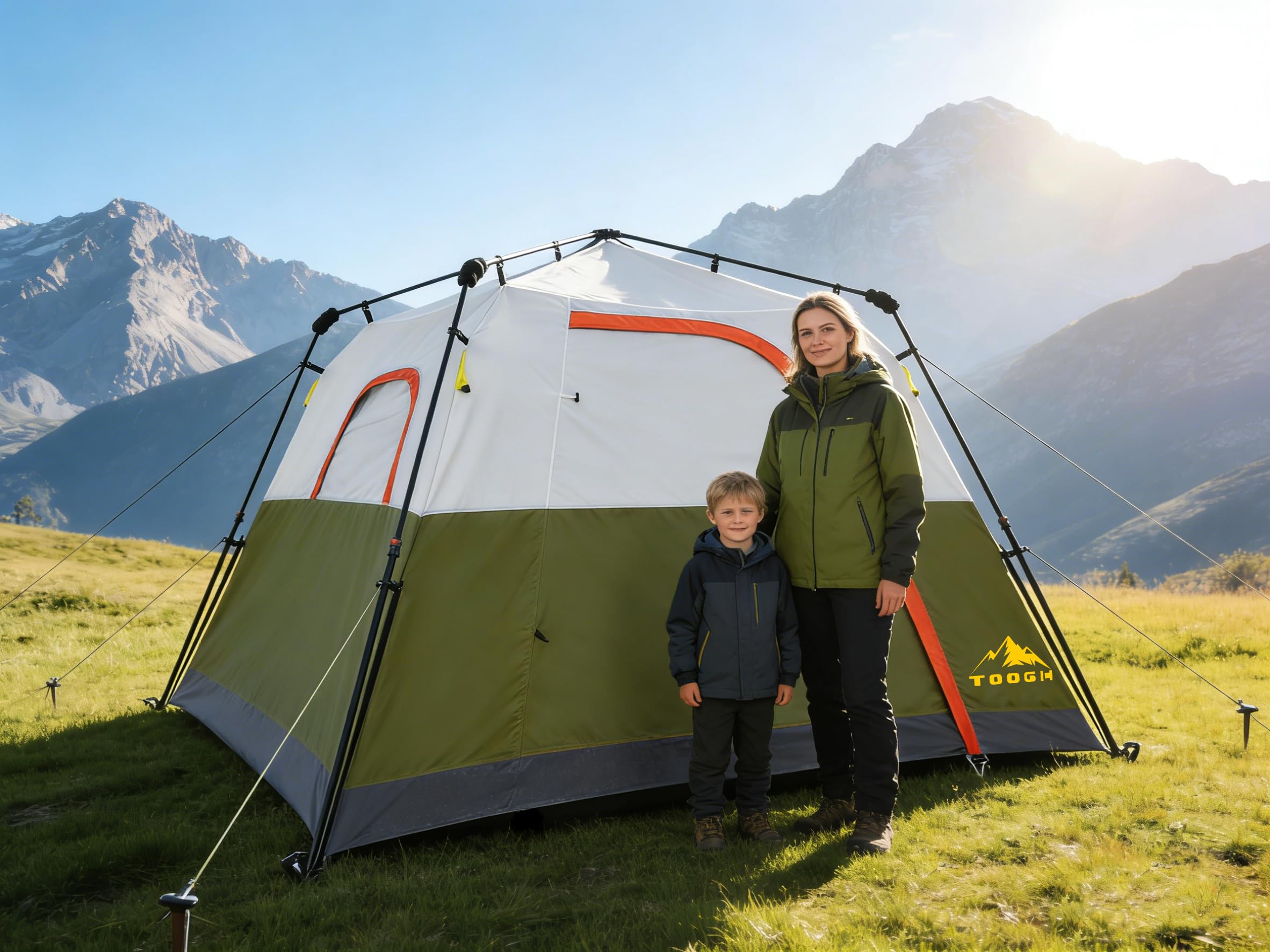 3/4 Person Camping Tent with 1 Door, 4 Windows, and Upgraded Ventilation– Instant Setup, Waterproof, 8'x 8'x 67''Oxford Fabric Floor Pop Up in 60 Seconds Includes Rainfly and Backpack