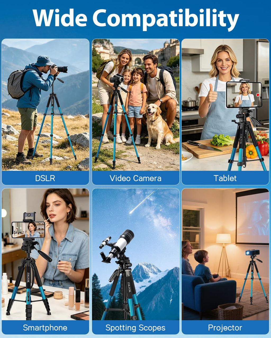 75" Camera Tripod, Aluminum Heavy Duty Camera Stand for ipad Phone, Travel Tripod with/Carry Bag/Phone Tablet Holder, Compatible with Canon Nikon Sony DSLR, Spotting Scopes, Max Load 15 Lb(Black)