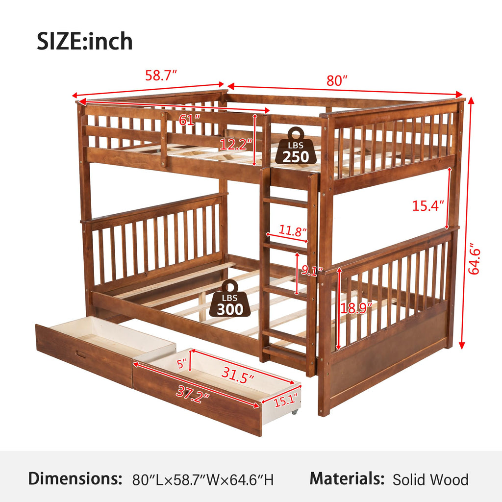Merax Wood Bunk Bed with Two Drawers,Convertible Wood Bunk Bed with Ladders and Two Storage Drawers,Solid Wood Detachable Bed Frame with Ladders, Twin Over Full Size, Espresso