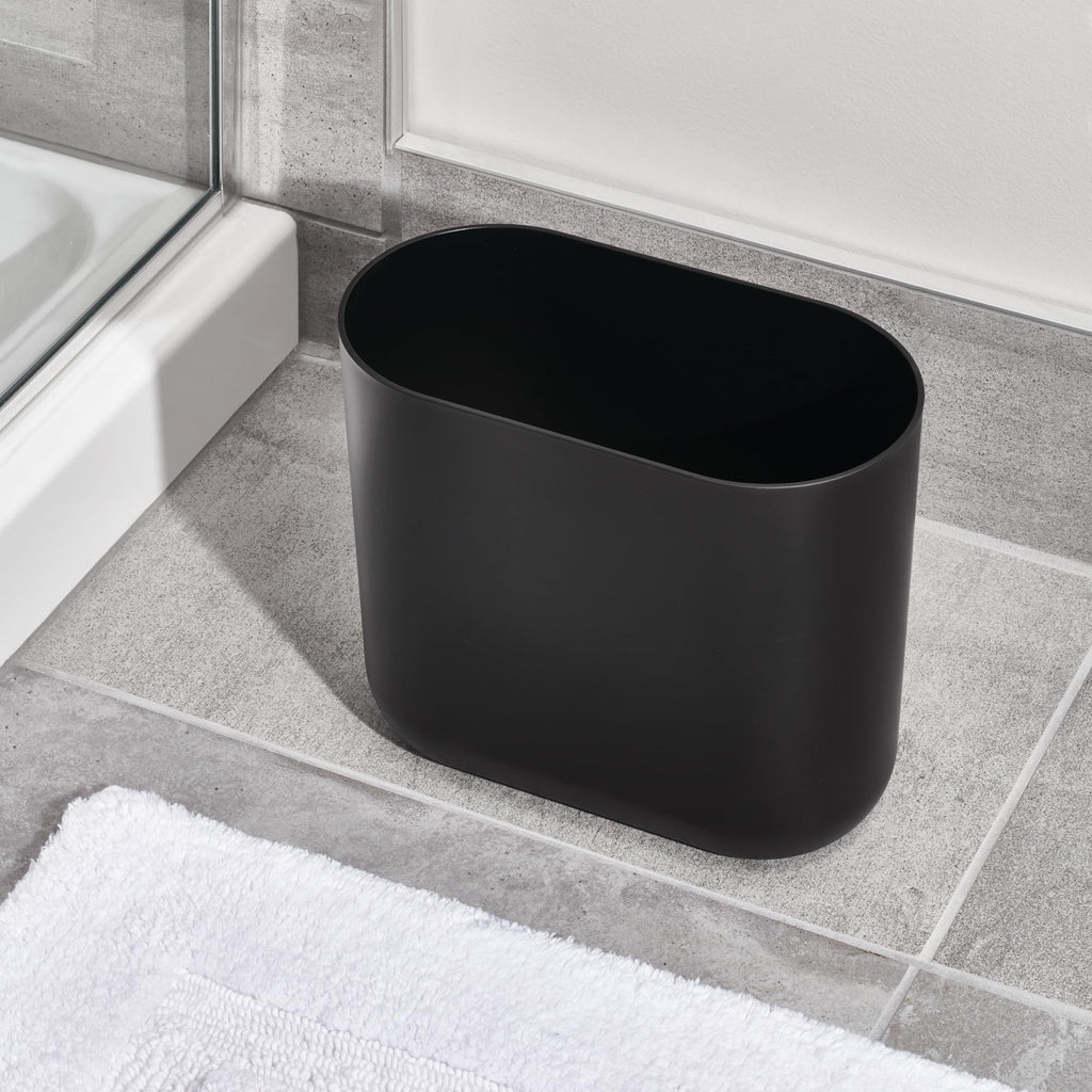 iDesign Small Slim Plastic Bathroom Trash Can, Black | Garbage Can for Bedroom, Office, Desk, Dorm