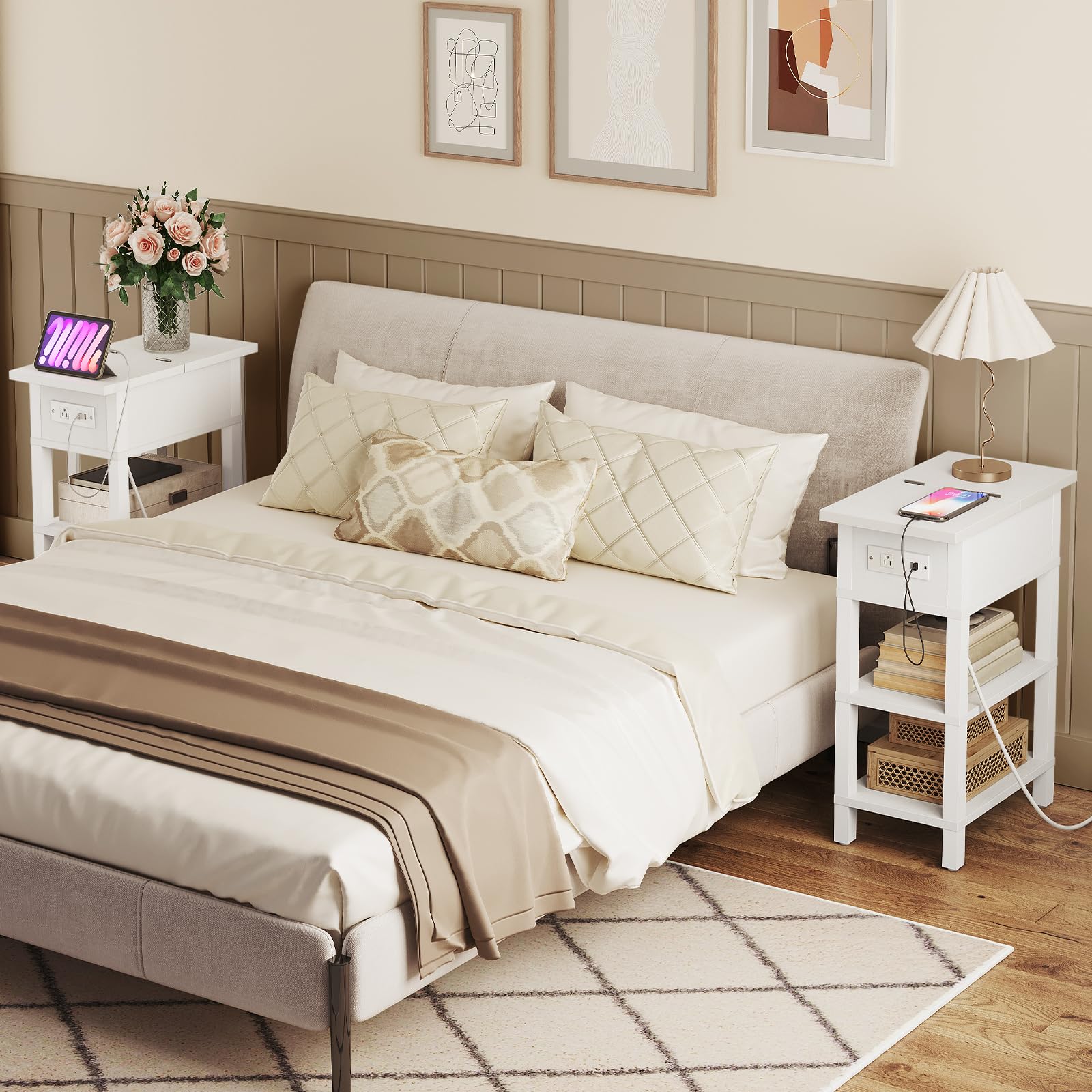 HOOBRO End Table with Charging Station, Flip Top Side Table with USB Ports, Narrow Nightstand Bedside Tables with Storage Shelves, for Small Space, Living Room, Black BK141UBZ01