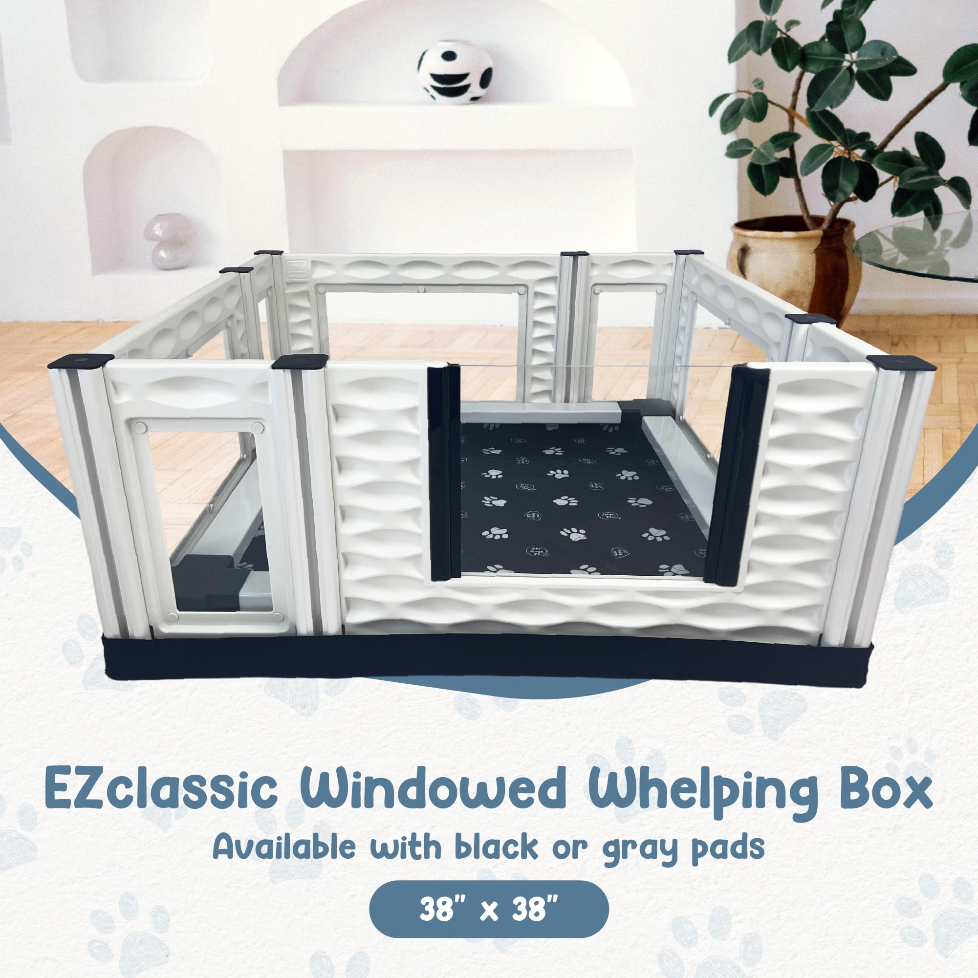 EZwhelp EZclassic Windowed 48"x48"x18" Whelping Box with Rails and Windowed Walls, Padded Dog Whelping Box, Black Pad