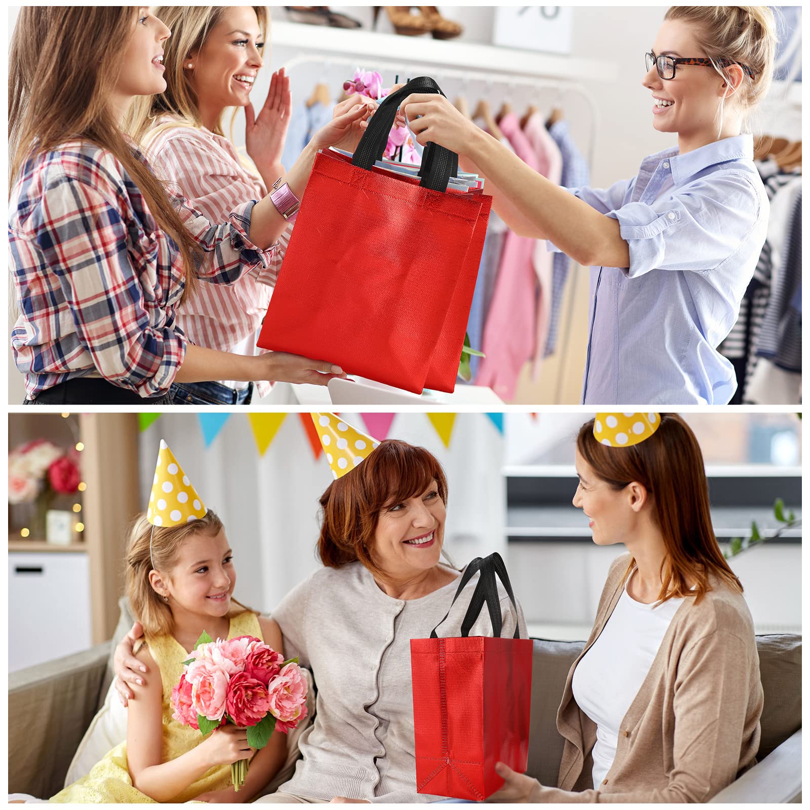 Eccliy 80 Pcs Reusable Gift Bags Set Glossy Grocery Gift Tote Bag with Hadnle for Wedding, Father's Day, Graduation, Summer Event (10 x 8 x 4.7 Inch,Black)