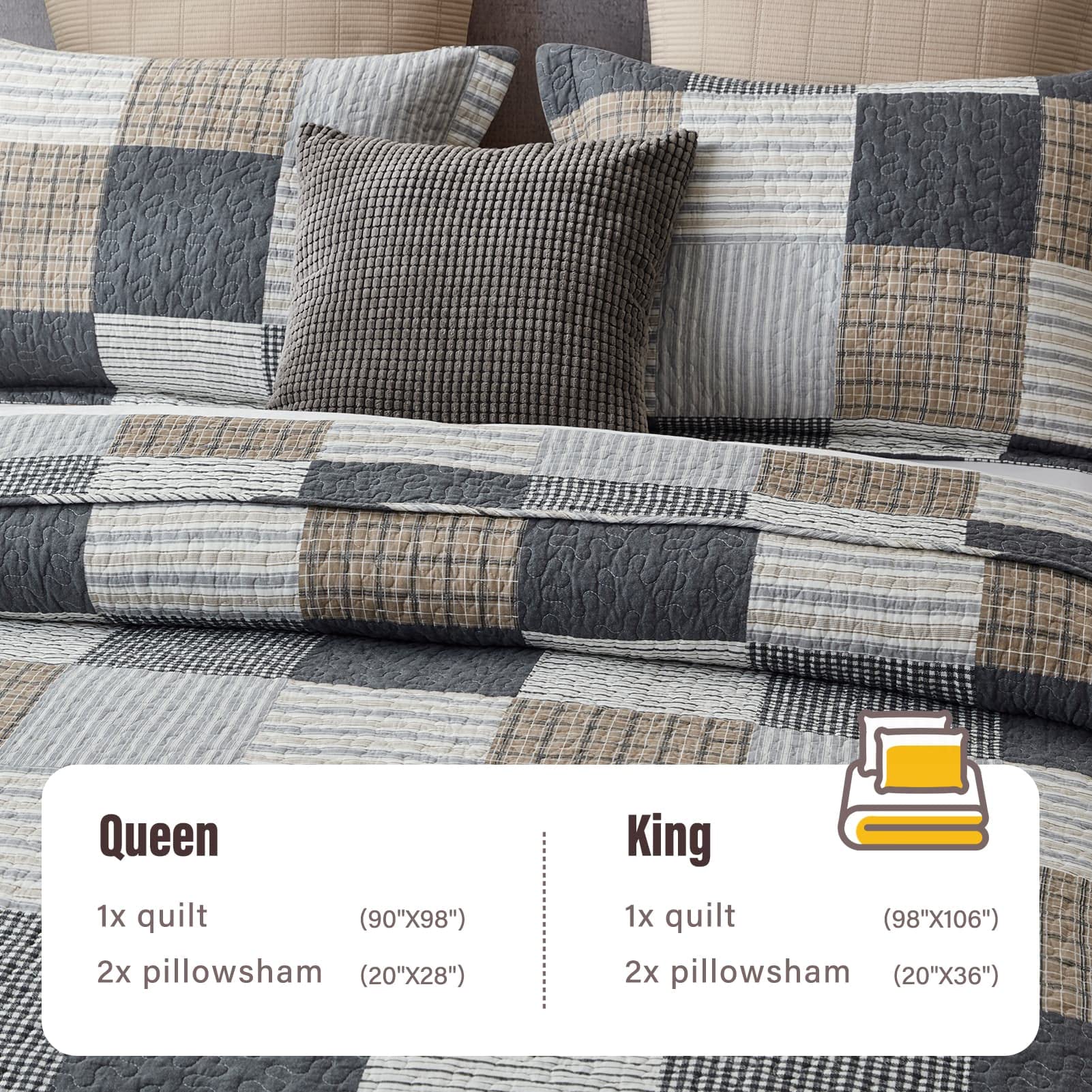 Y-PLWOMEN 100% Cotton Farmhouse Plaid Lightweight 3-Pieces Quilt Set (Blue Brown, Queen90 * 98 Inch)
