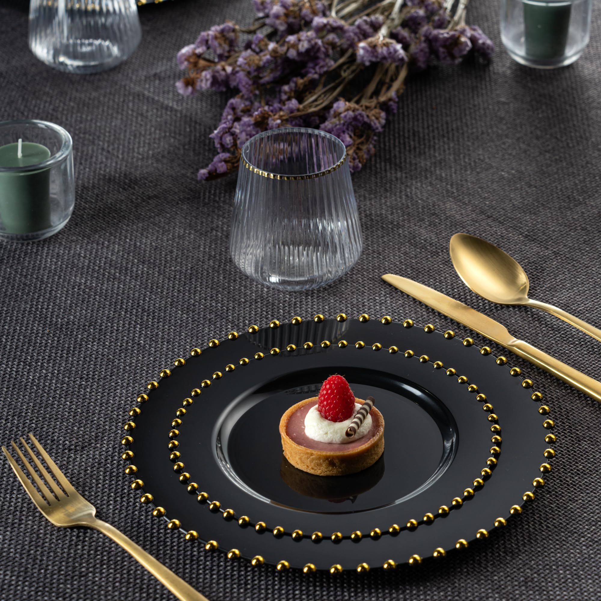 PLASTICPRO 32 Piece Combo Plastic Dinner Plates Disposable Plastic Fancy Heavy Duty Party Dishes 7 inch and 10 inch, Black and Gold Beaded