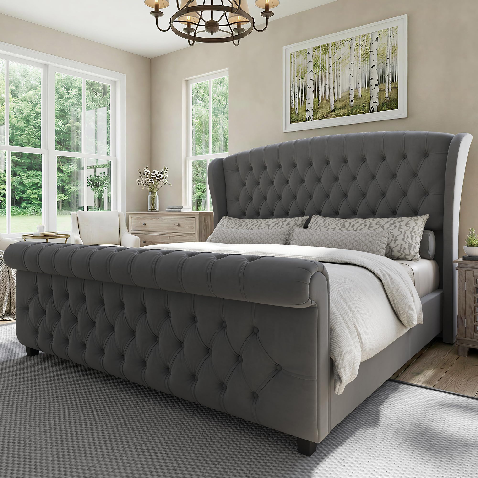 LUXOAK Queen Size Platform Bed Frame, Velvet Upholstered Sleigh Bed with Curved Headboard & Footboard, Deep Button Tufted, Wood Slats Support, No Box Spring Needed, Black