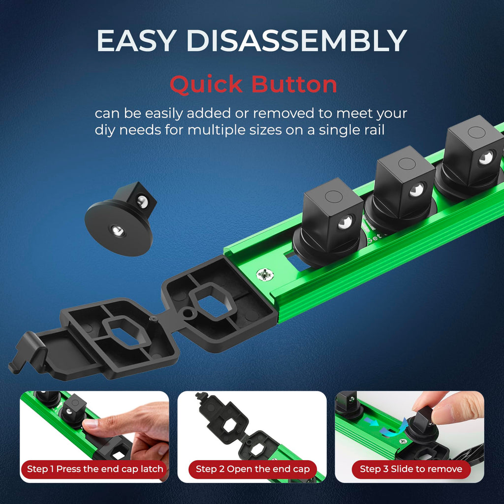 Reniteco Magnetic Socket Organizer Set, 3-Piece 1/2" 3/8" 1/4" Drive Aluminum Alloy Socket Holder with 40PC 360° Swivel Removable Clips, Magnetic Socket Rail for Tool Box Drawer, Black