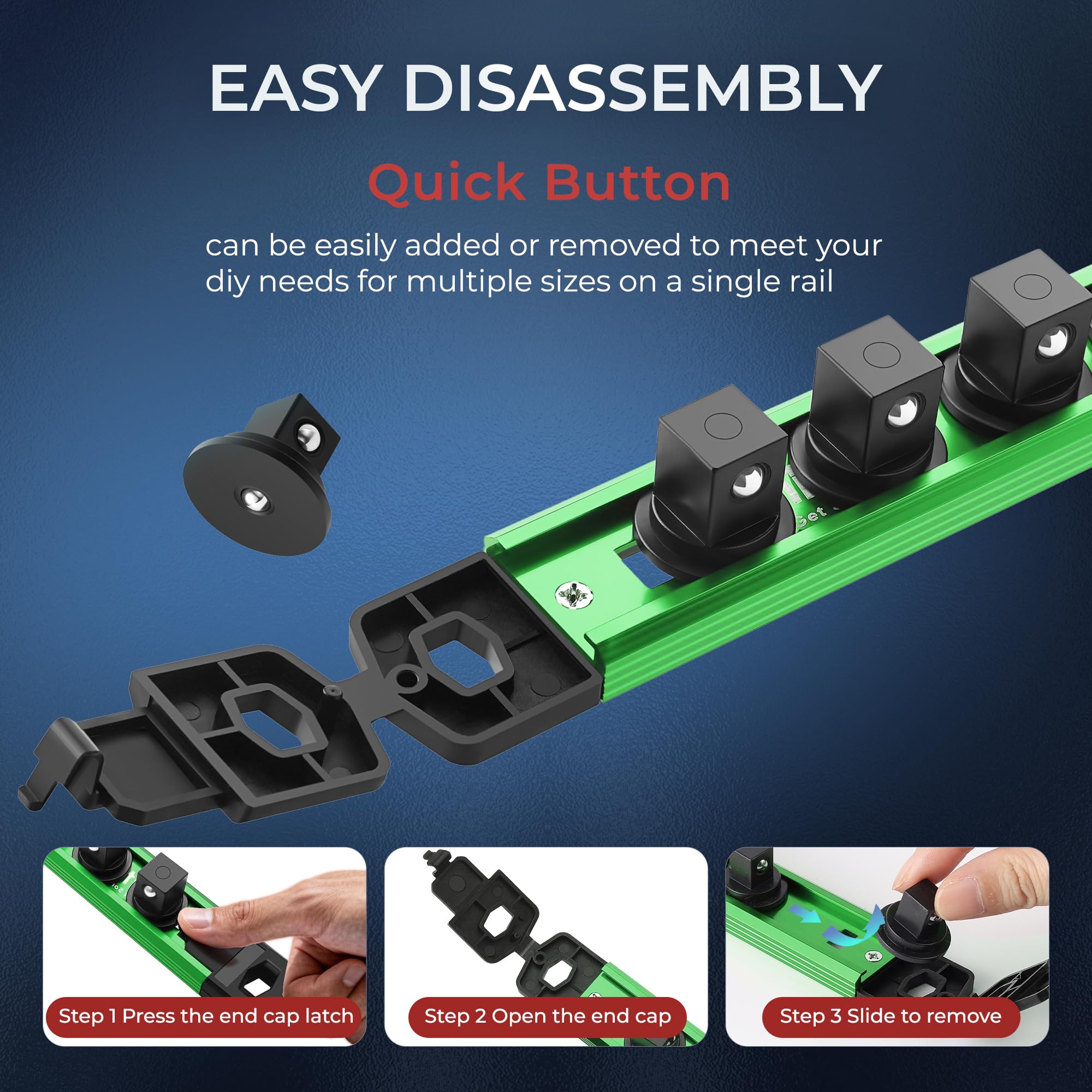 Reniteco Magnetic Socket Organizer Set, 3-Piece 1/2" 3/8" 1/4" Drive Aluminum Alloy Socket Holder with 40PC 360° Swivel Removable Clips, Magnetic Socket Rail for Tool Box Drawer, Black