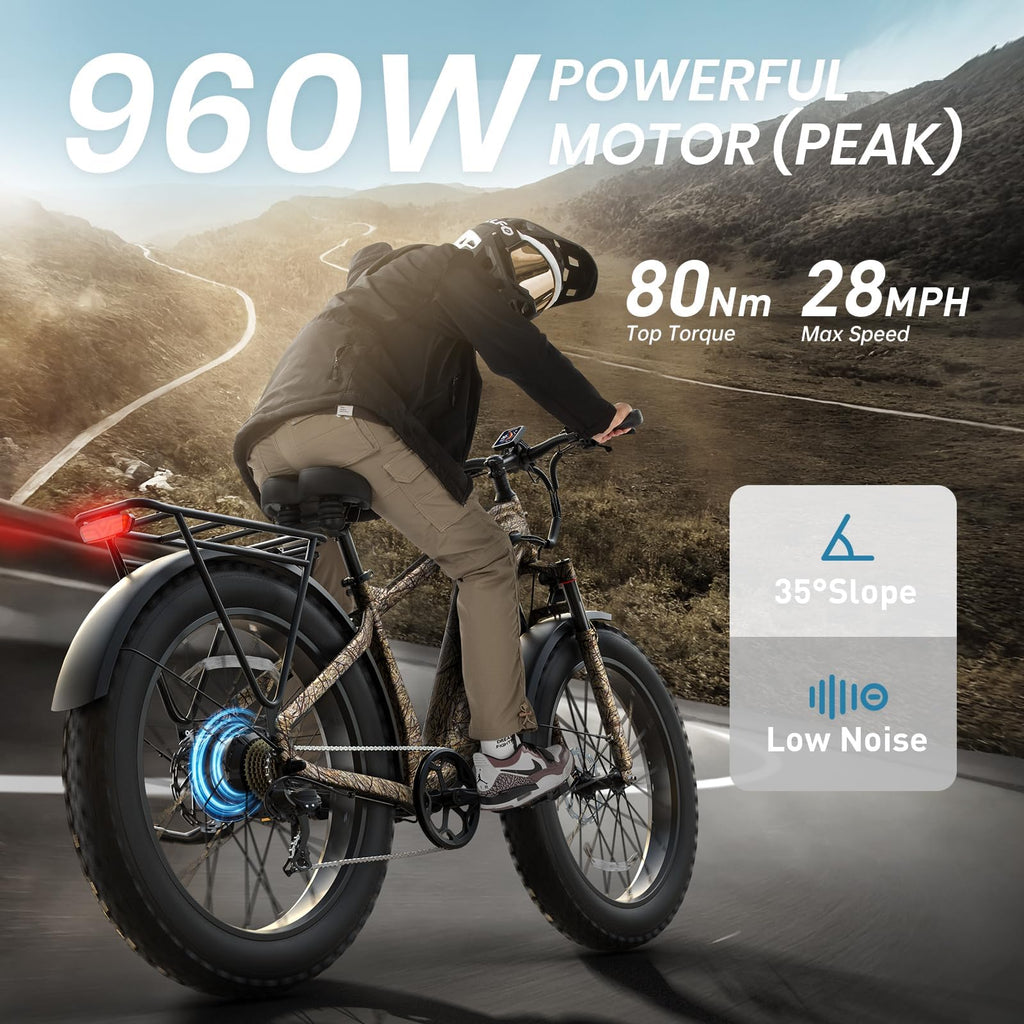 PUCKIPUPPY Electric Bike for Adults with 960W(Peak), 26" Fat Tire Electric Mountain Bike, 48V 15AH Removable Battery Ebike, 28MPH Aluminum Frame E Bike with Rear Storage Shelf