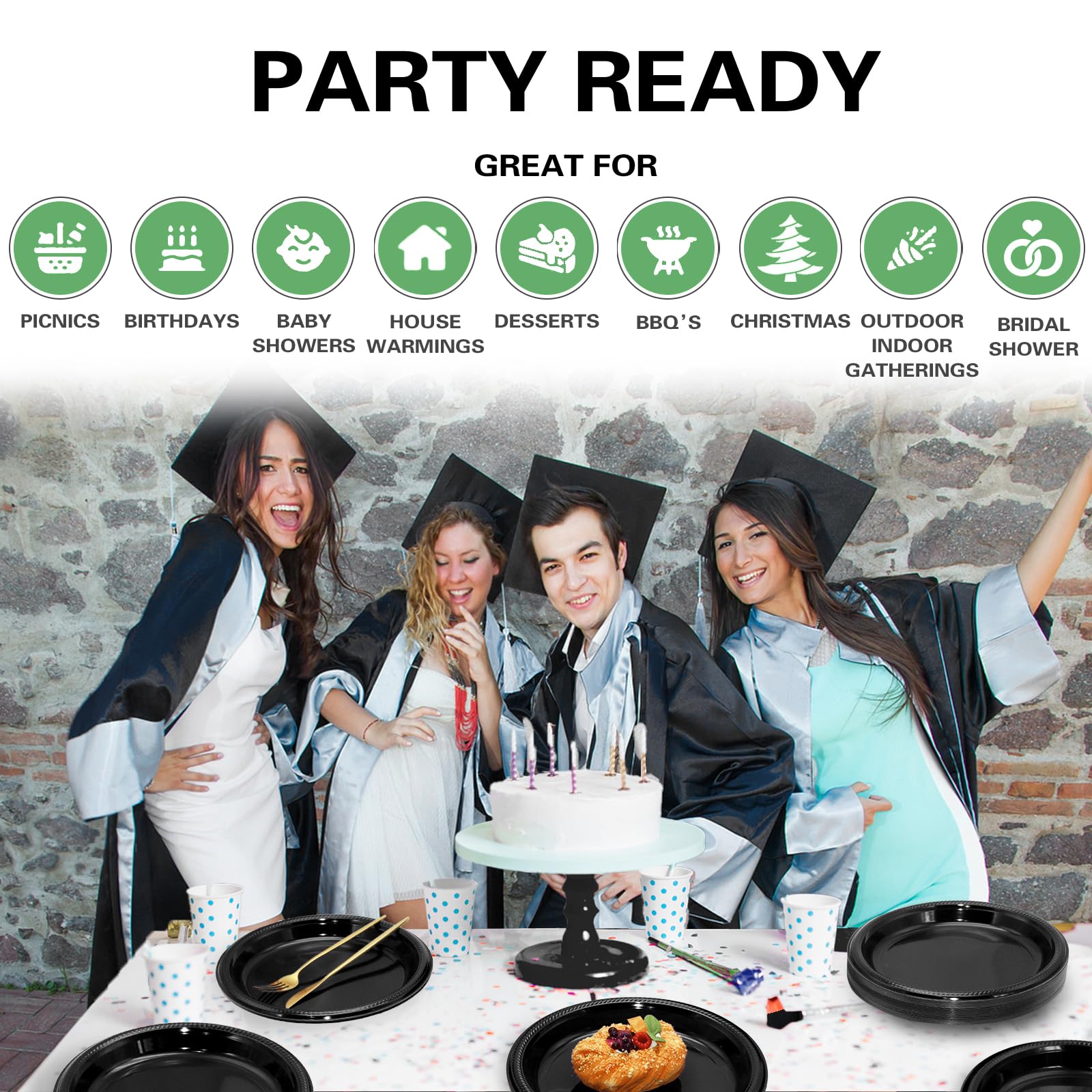 50 Pcs Black Plastic Plates, 10 Inch Black Plates, Black Party Plates Disposable for Birthday Weddings Fathers Day World Cup