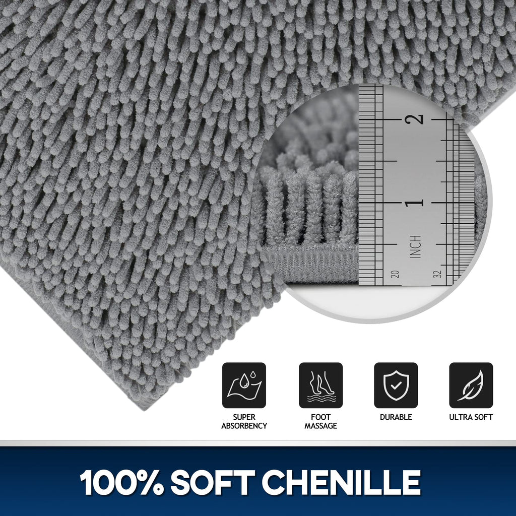 TREETONE Chenille Bath Mat 3 Pieces Bathroom Rugs Set, 20x20 Inches U-Shape Contoured Toilet Mat & 20x32 Inches Rug & Lid Cover,Water Absorbent Plush Rugs for Tub Shower & Bath Room -Beige