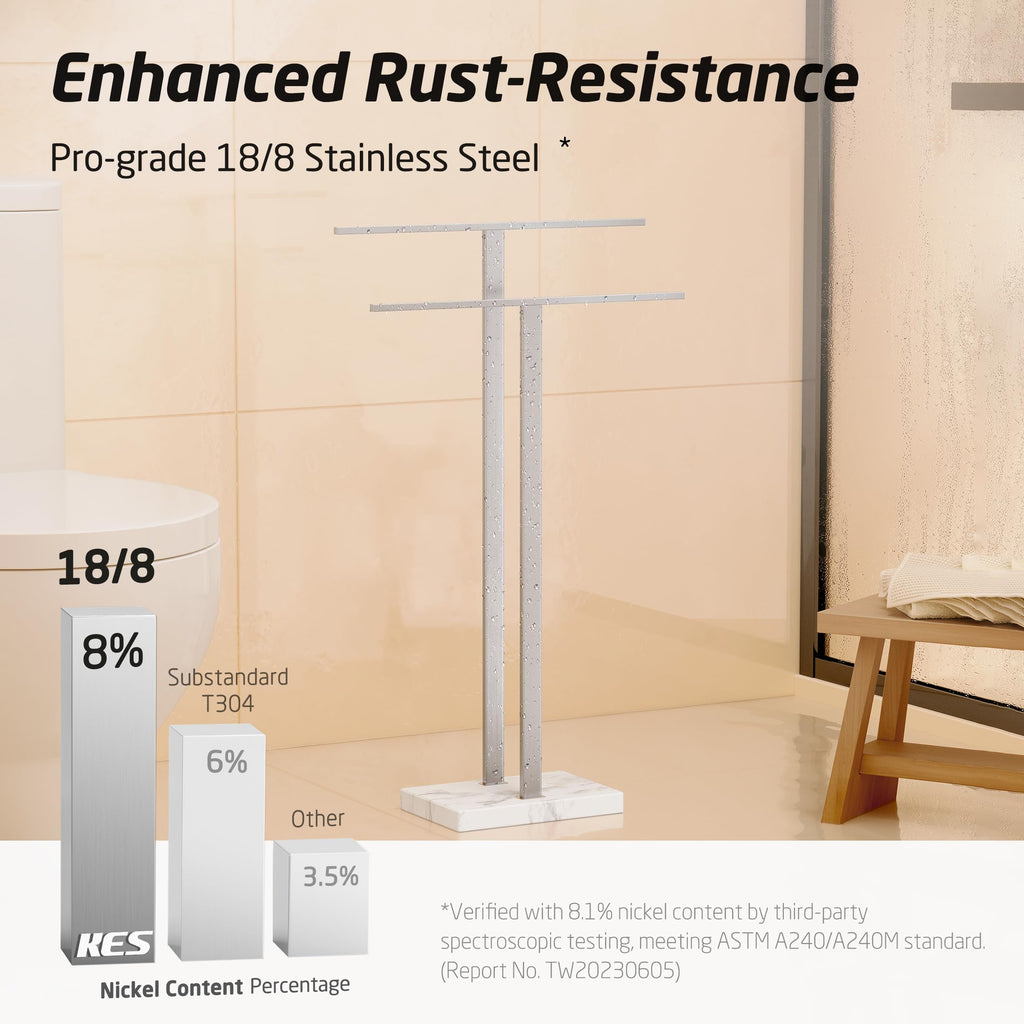 KES Standing Towel Rack with Black Natural Marble Base, 2-Tier Towel Rack Stand for Bathroom Floor, Bath Towel Holder Fits Bath Towel & Hand Towel,18/8 Stainless Steel, BTH217-BBK