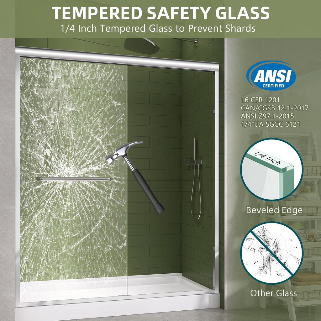 GETPRO Shower Door Sliding 44-48 in. W x 72 in. H Semi-Frameless Bypasss Double Sliding Doors for Shower,1/4 inch Clear Tempered Walk-in Shower Glass Door Brushed Nickel