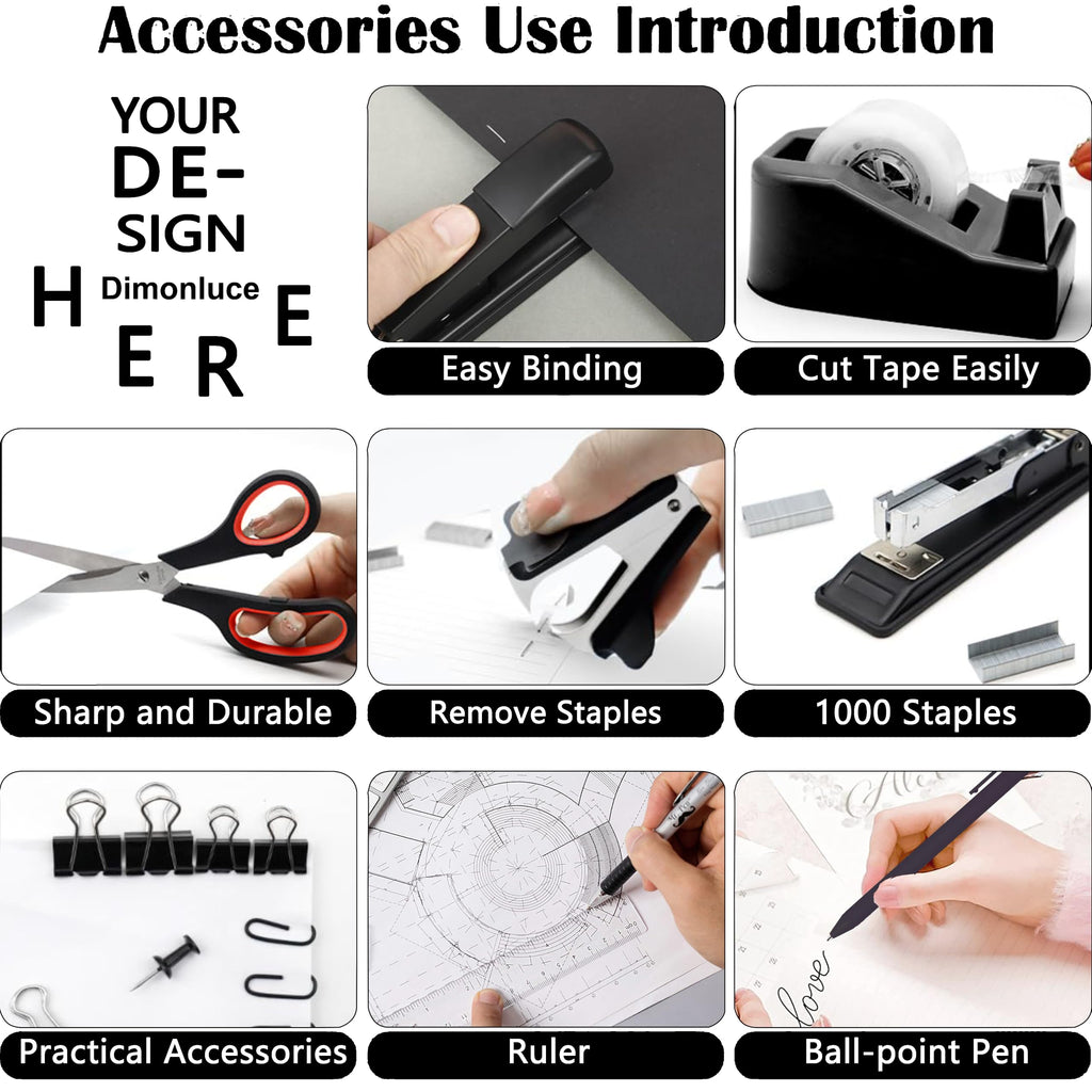 Dimonluce Office Desk Accessories, Black Office Supplies Accessories with Tape Dispenser, Stapler, Staple Remover, 1000 Staples, Tape, Clips Set, Ruler, Scissor, Pen