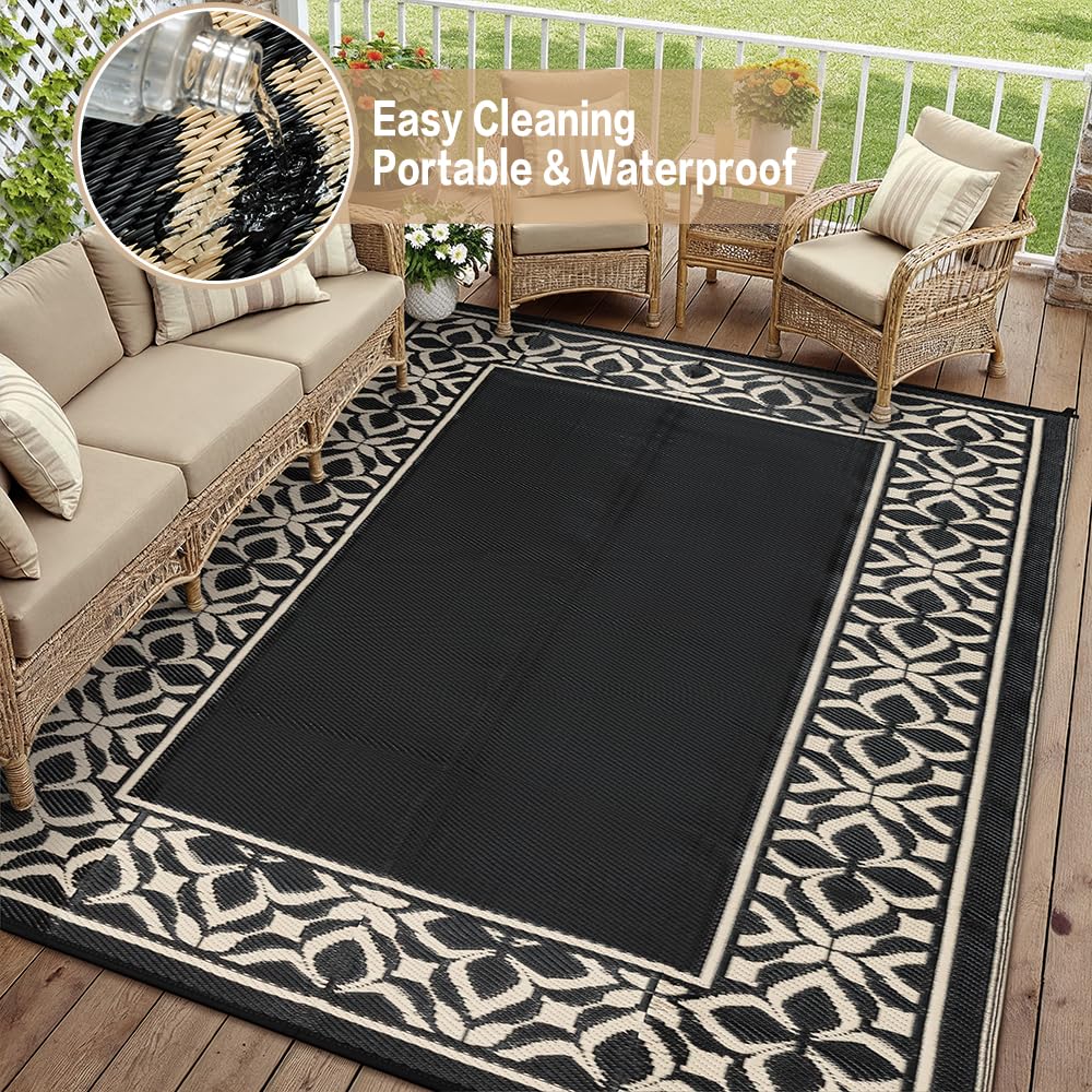 PureCozy Outdoor Plastic Straw Rug Black Beige Large Outside Waterproof Outdoor Patio 5x8 Carpet Geometric Reversible Mat Modern for Camping RV Porch Deck Balcony Beach