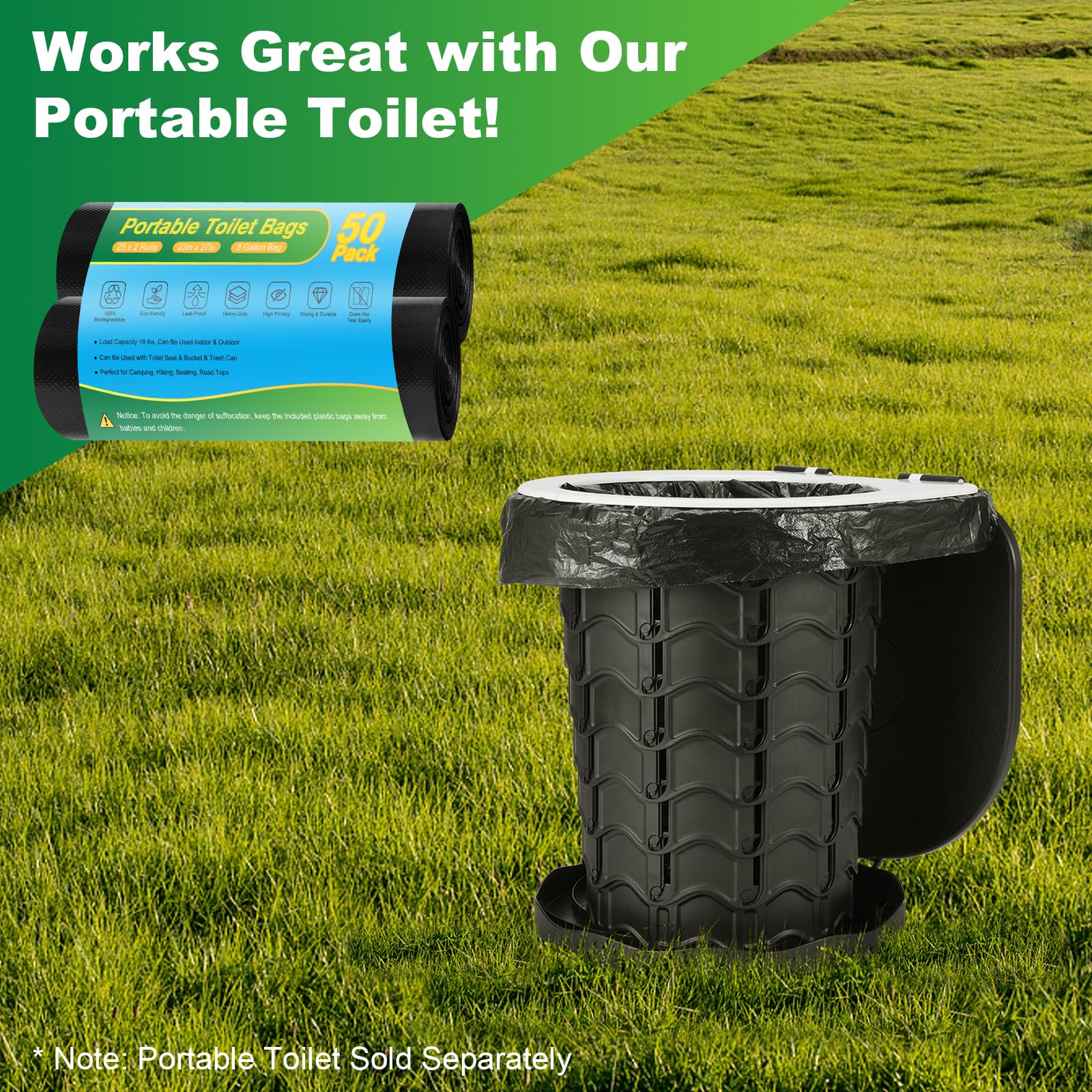 Portable Toilet Bags - 8 Gallon Camping Toilet Bags, Biodegradable Travel Potty Bag for Portable Toilet, Thickened Camp Toilet Waste Bags for 5 Gallon Bucket Toilet, Compostable Trash Bags