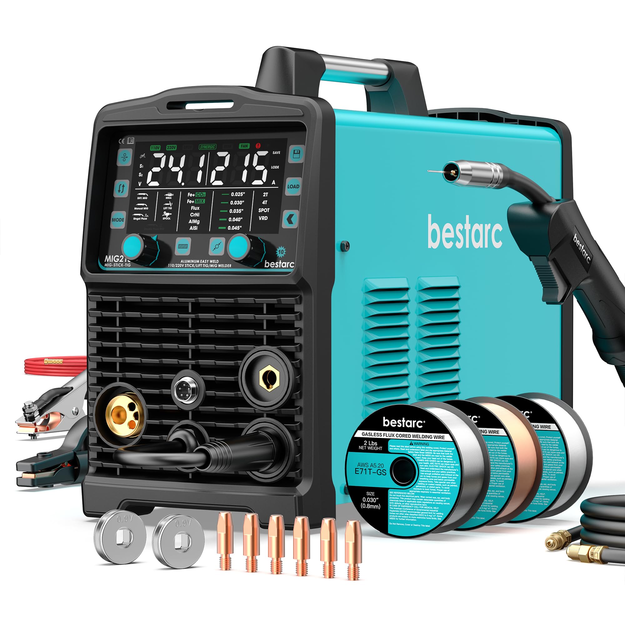 Bestarc 145A MIG Welder, 110V 220V 4 in 1 Gas/Flux Core MIG/Lift TIG/Stick Welder Machine, Large LED Display Welding Machine, IGBT Inverter Welder MIG145 Soild Gasless Synergy MIG Welder