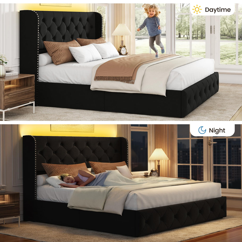 BRELTAM Full Size Bed Frame with Storage Drawers and Wingback Headboard Linen Upholstered Platform Bed Frame Tufted Beds with Heavy Duty Wood Slats, Noise Free, Easy Assembly, Beige
