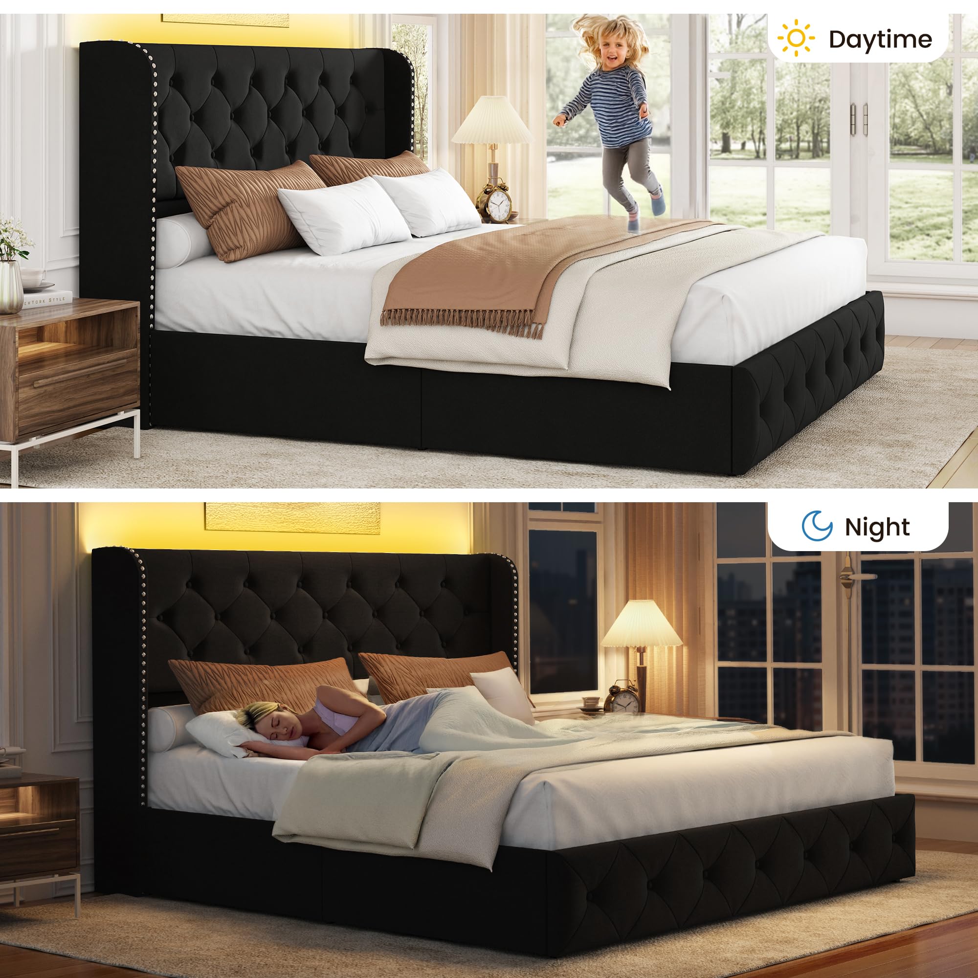 BRELTAM Full Size Bed Frame with Storage Drawers and Wingback Headboard Linen Upholstered Platform Bed Frame Tufted Beds with Heavy Duty Wood Slats, Noise Free, Easy Assembly, Beige