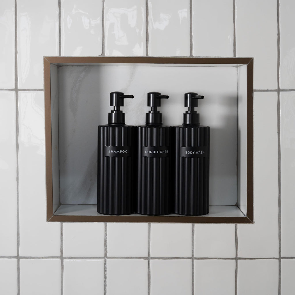 Stylish Shampoo and Conditioner Dispenser Set of 3 - Modern 19oz Shower Soap Bottles with Pump and Labels - Easy to Refill Body Wash Dispensers for an Instant Bathroom Decor Upgrade