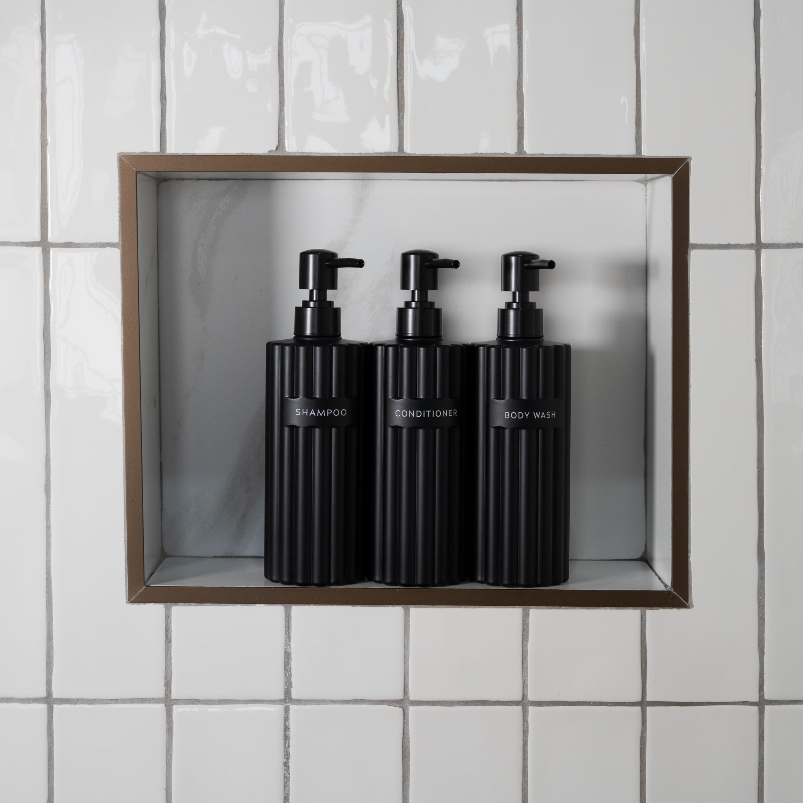 Stylish Shampoo and Conditioner Dispenser Set of 3 - Modern 19oz Shower Soap Bottles with Pump and Labels - Easy to Refill Body Wash Dispensers for an Instant Bathroom Decor Upgrade