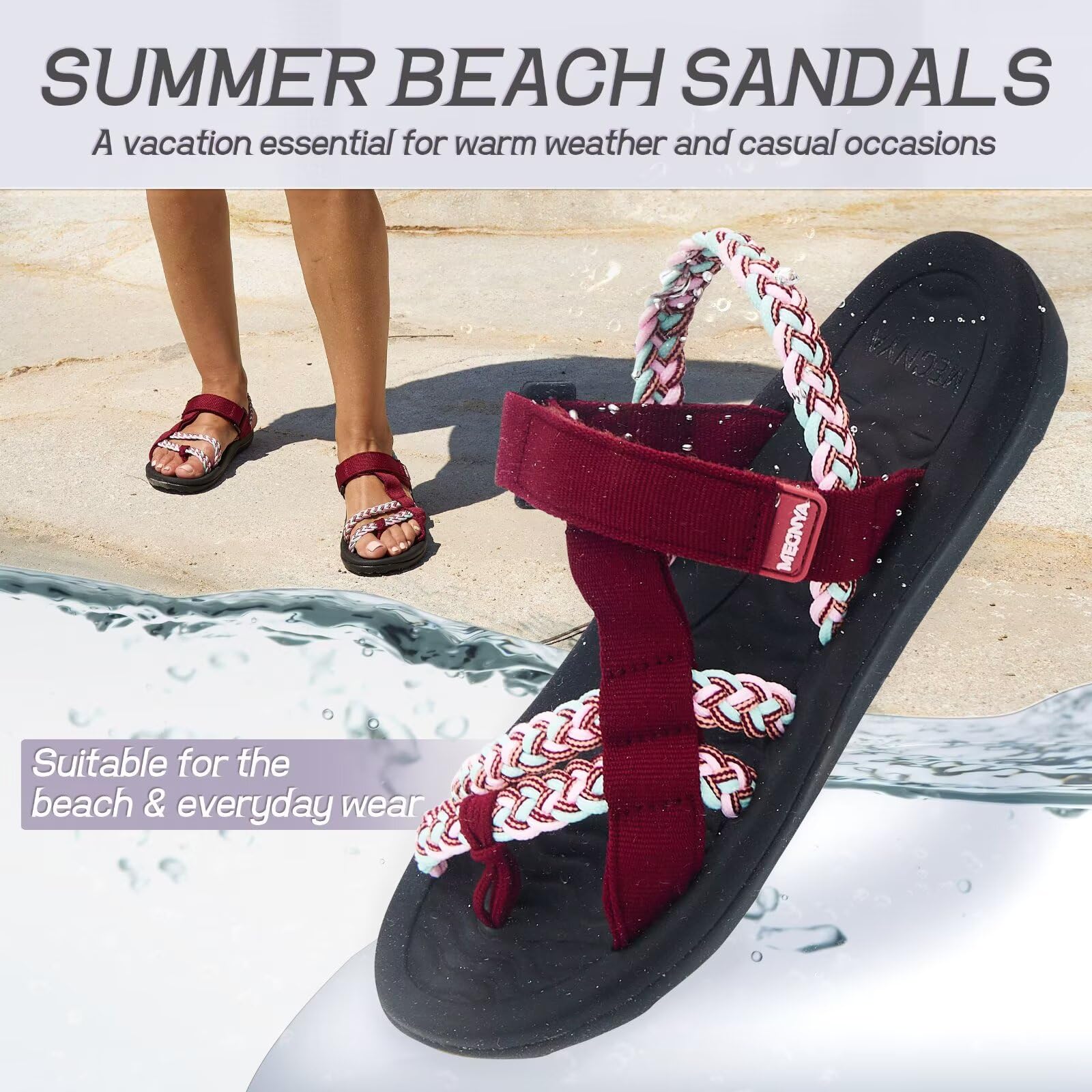 MEGNYA Hiking Sandals for Womens, Comfortable Walking Flip Flop Sandals with Arch Support, Athletic Sandals with Hook and Loop Straps for Beach Vacation Adventure