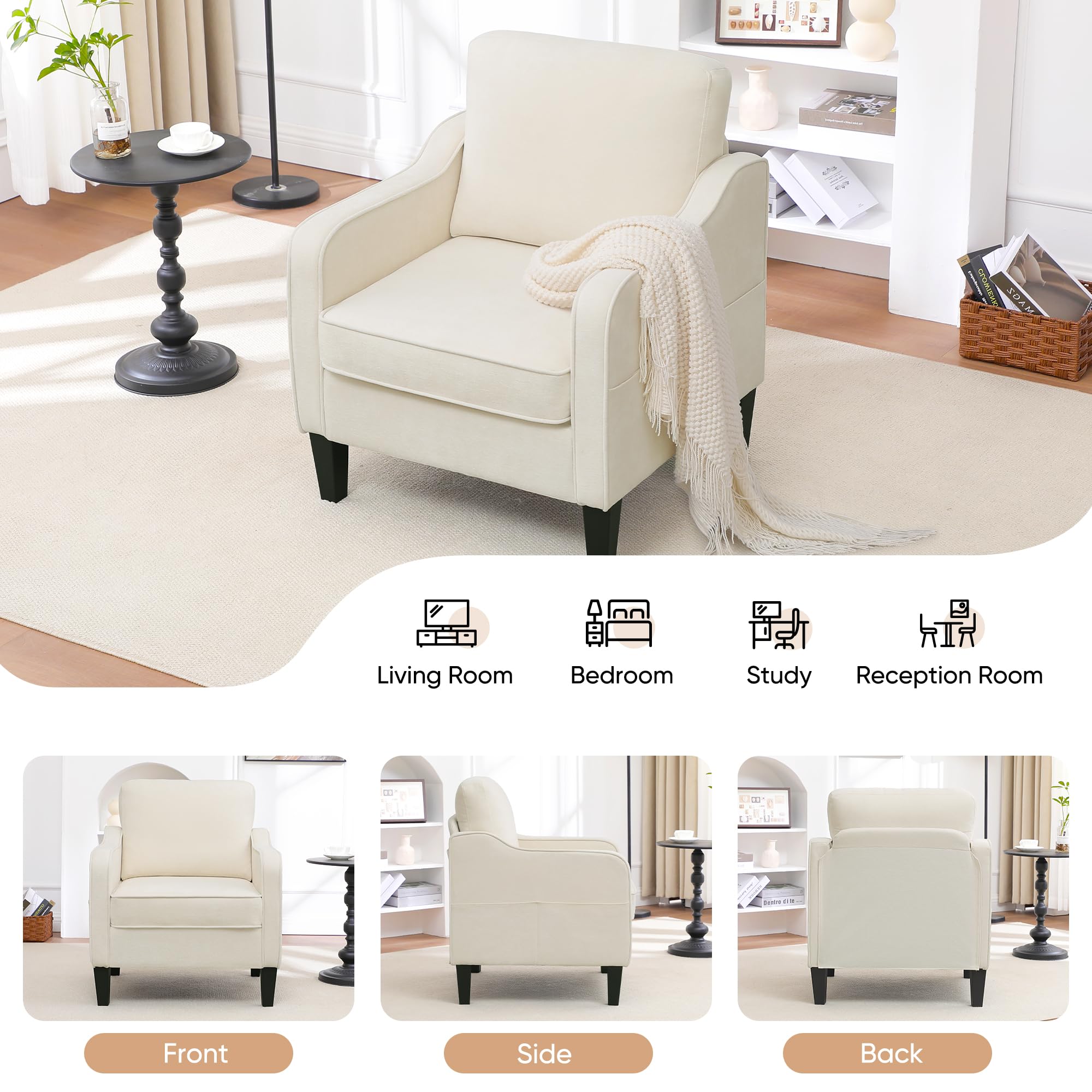 Accent Chair for Living Room, Mid Century Modern Reading Chair for Bedroom, Upholstered Armchair with Side Pockets, Comfy Single Sofa Side Chair for Office, Apartment, Small Room, Beige