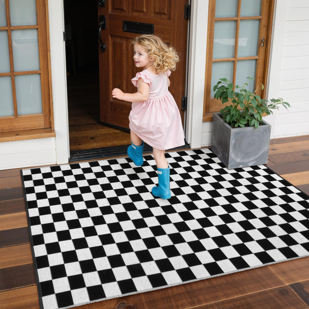 Seavish Checkered Rug, 2x3 Ft Black and White Moroccan Checkerboard Rug Washable Cotton Woven Washable Outdoor Rugs Reversible Floor Mat for Front Door Bedroom Entryway Kitchen Entryway