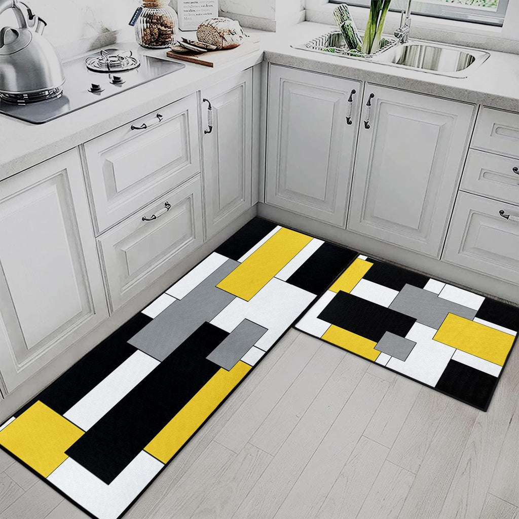 Blue Kitchen Rugs and Mats Non Skid Washable Set of 2, Grey White Modern Abstract Mats for Floor, Geometric Painting Runner Rug Graffiti Art Kitchen Decor