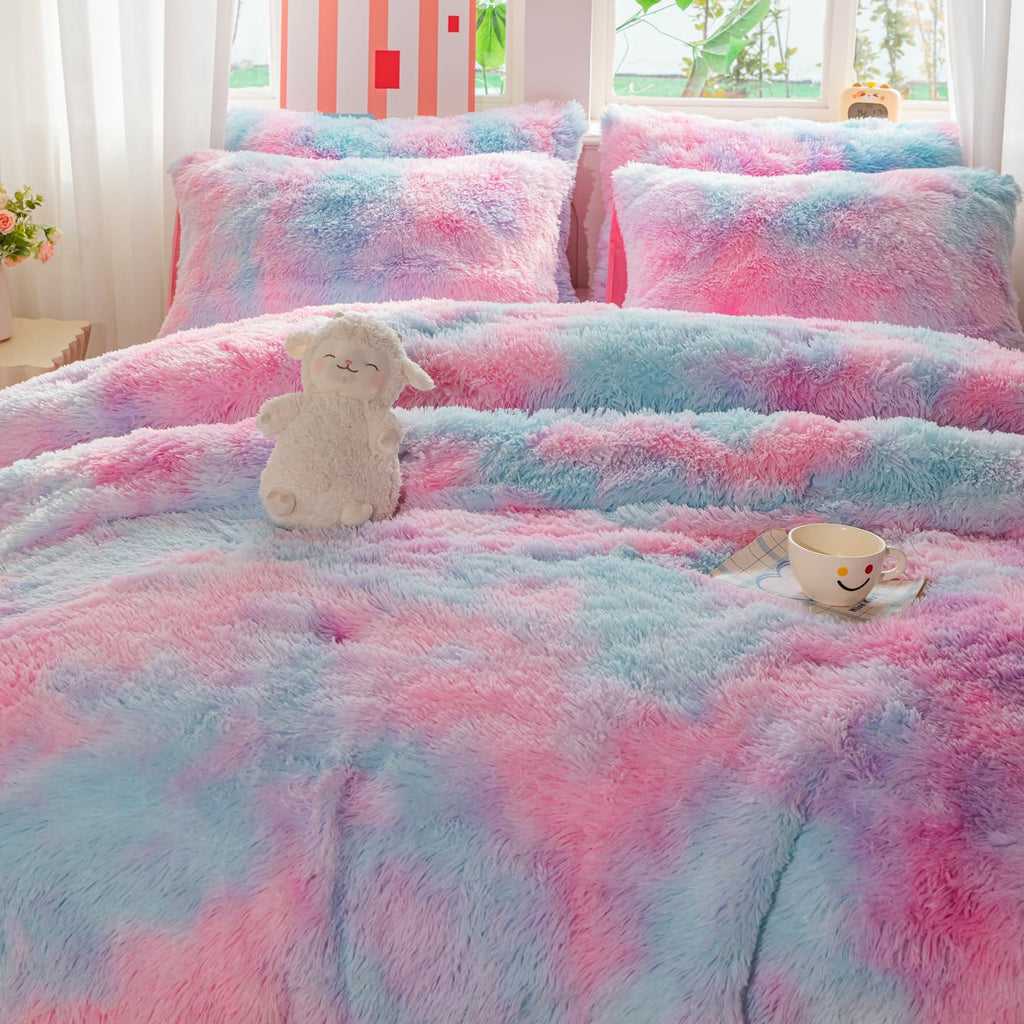 Faux Fur Kids Girls Purple Rainbow Comforter Sets Twin/Full - 3PC Bed Set Warm Comfortable Soft Plush Flannel Velvet Fluffy Fuzzy Bedding（Comforter x 1 Pillowcases x 2）