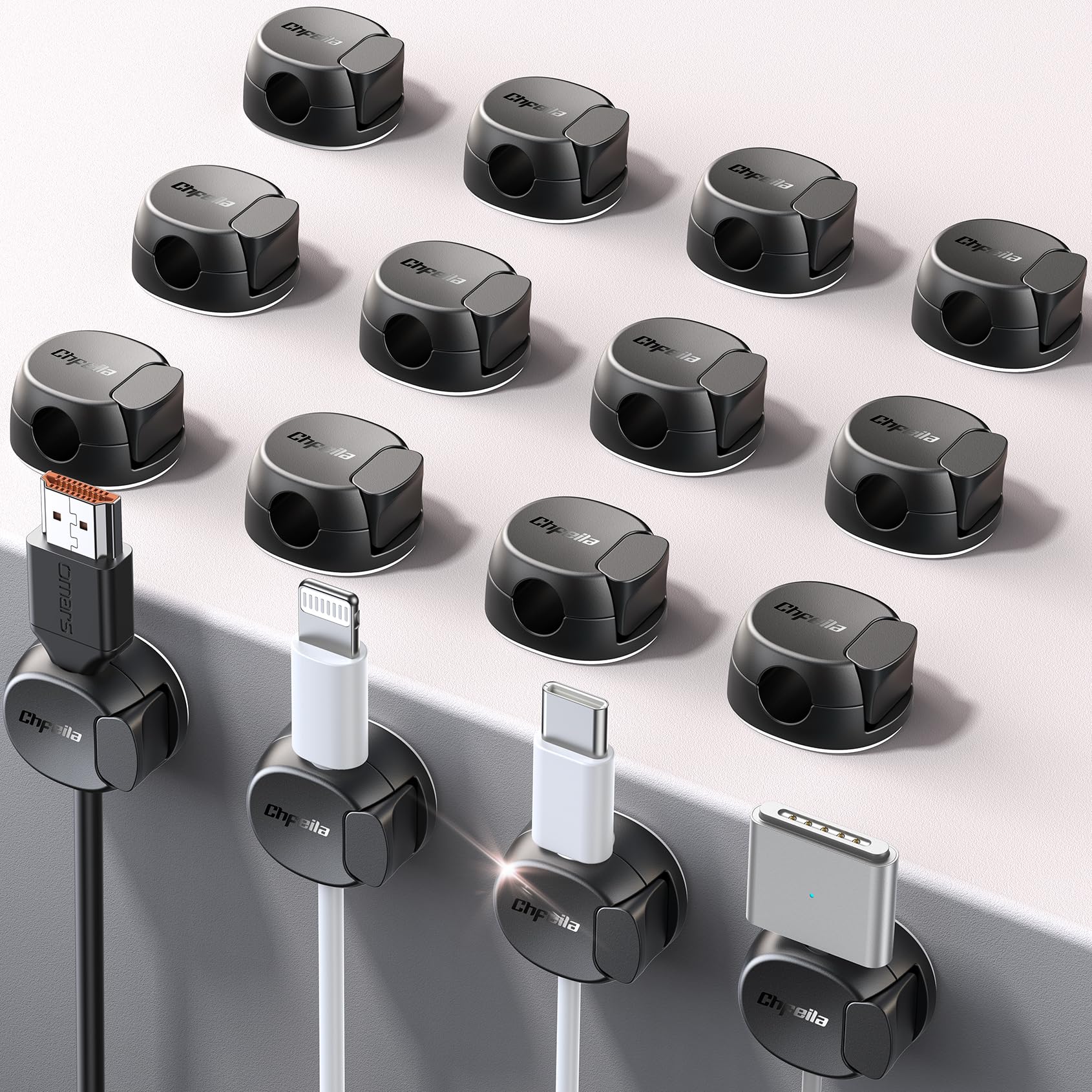 Cable Clips - Chfeila Latest Dual Spring Cord Organizer with Clasp Lock, 6Pack [Max Stability] Desk Cable Management, Adhesive Phone Charging Wire Holder for Nightstand/Car/Wall, Office Accessory