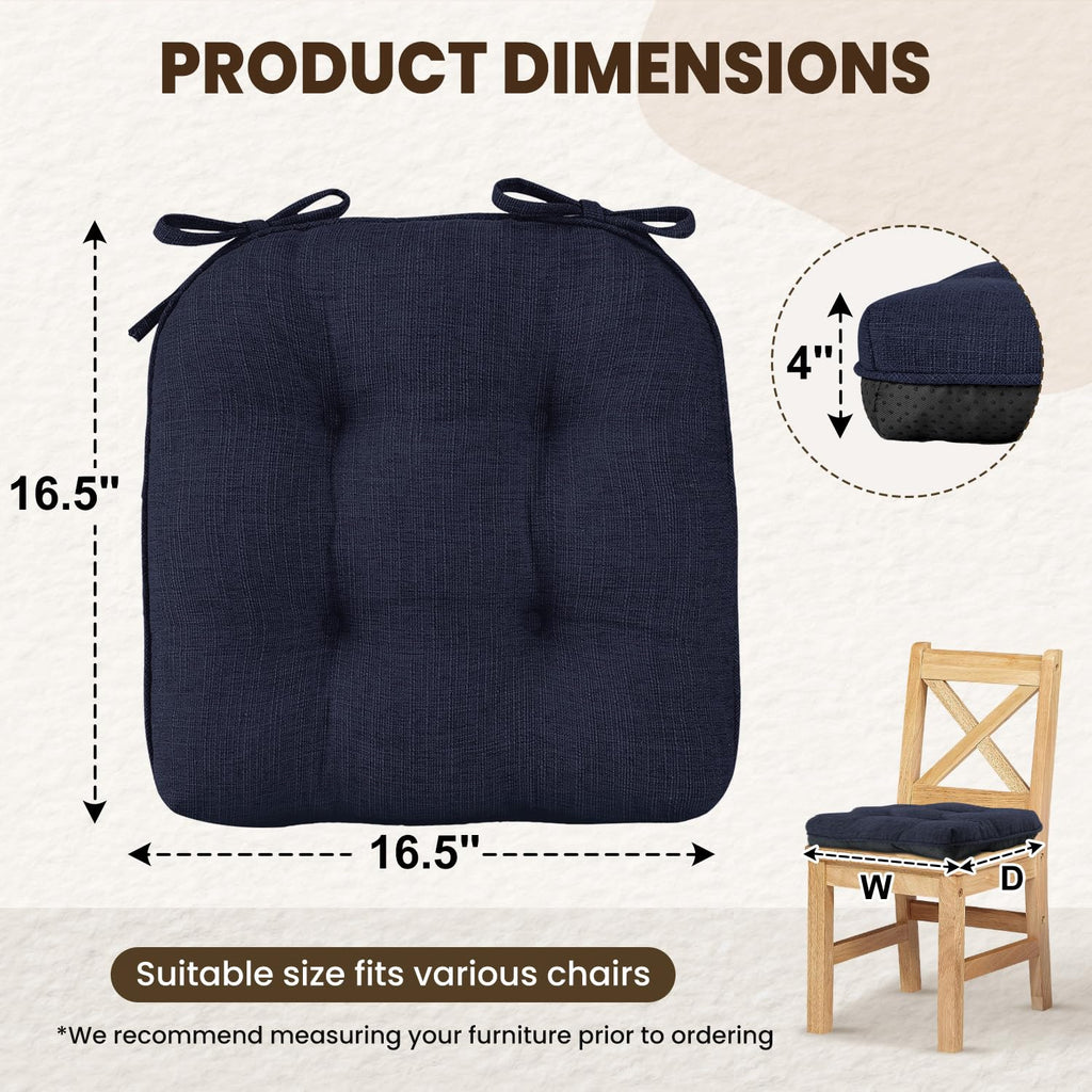 downluxe Indoor Chair Cushions for Dining Chairs, Tufted Overstuffed Textured Kitchen Chair Pads with Ties and Non-Slip Backing, 15.5" x 15.5" x 4", Aqua Blue, 4 Pack