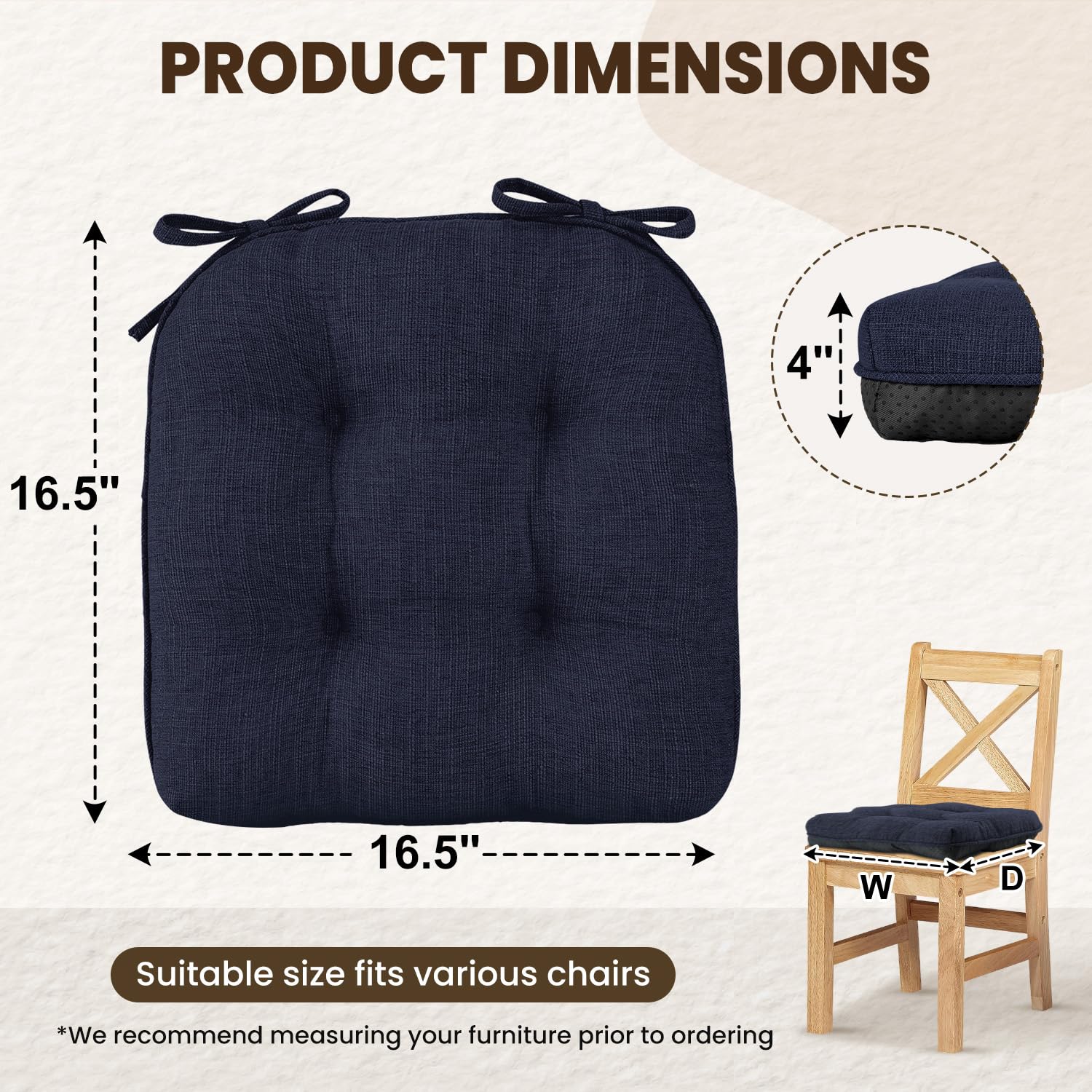 downluxe Indoor Chair Cushions for Dining Chairs, Tufted Overstuffed Textured Kitchen Chair Pads with Ties and Non-Slip Backing, 15.5" x 15.5" x 4", Aqua Blue, 4 Pack