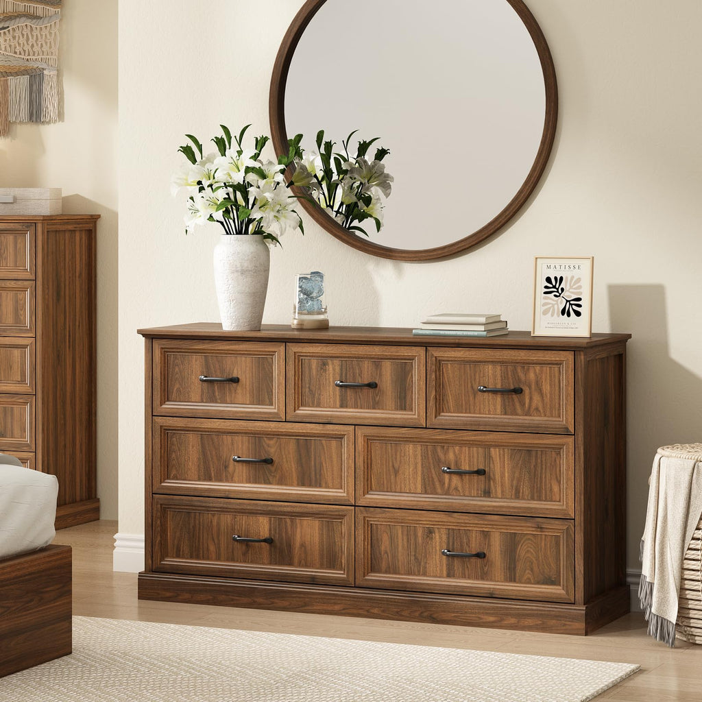 Farmhouse 5 Drawers Dresser for Bedroom, 44" Tall Brown dresser Wood Rustic Chest of Drawers with Wide Metal Handle,Natural Texture,Drawer Organizer for Bedroom,Living Room,Hallway and Entryway