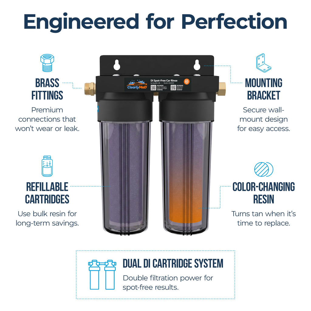 DI Spot-Free Car Wash Rinse Plus, Deionized System for Spotless Washing Dual Resin Filters, Complete Kit with Hose, Nozzle and Quick Connects, Prevent Water Spots on RVs and Windows