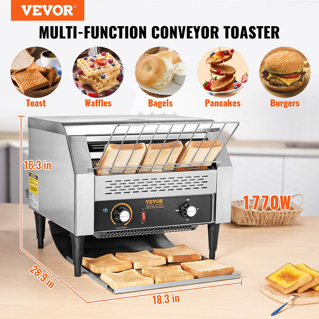 VEVOR Commercial Conveyor Toaster, 300 Slices/Hour, Heavy Duty Stainless Steel, Electric Restaurant Toaster for Toast, Bun, Bagel, Bread