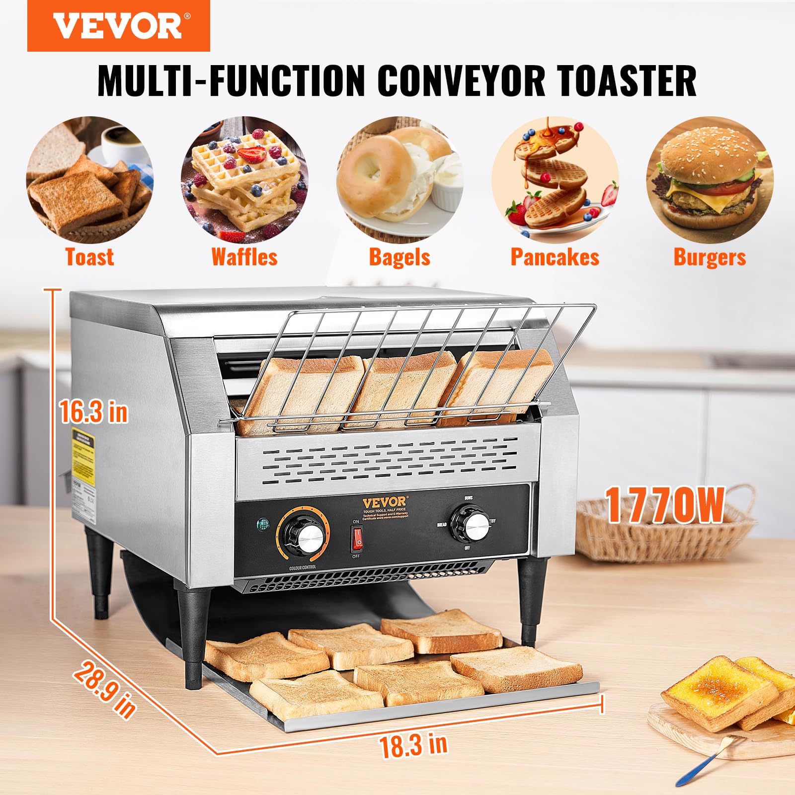 VEVOR Commercial Conveyor Toaster, 300 Slices/Hour, Heavy Duty Stainless Steel, Electric Restaurant Toaster for Toast, Bun, Bagel, Bread