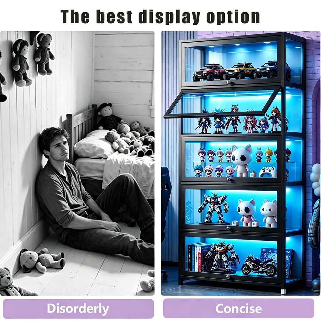 Display Cabinet with Acrylic Glass Door, 5 Tier Curio Display Case, Collectibles Toy Organizers Rack & Display Shelf, Kids Bookcase for Bedroom, Reading Nook, living Room, Bamboo (Black -flip Door)