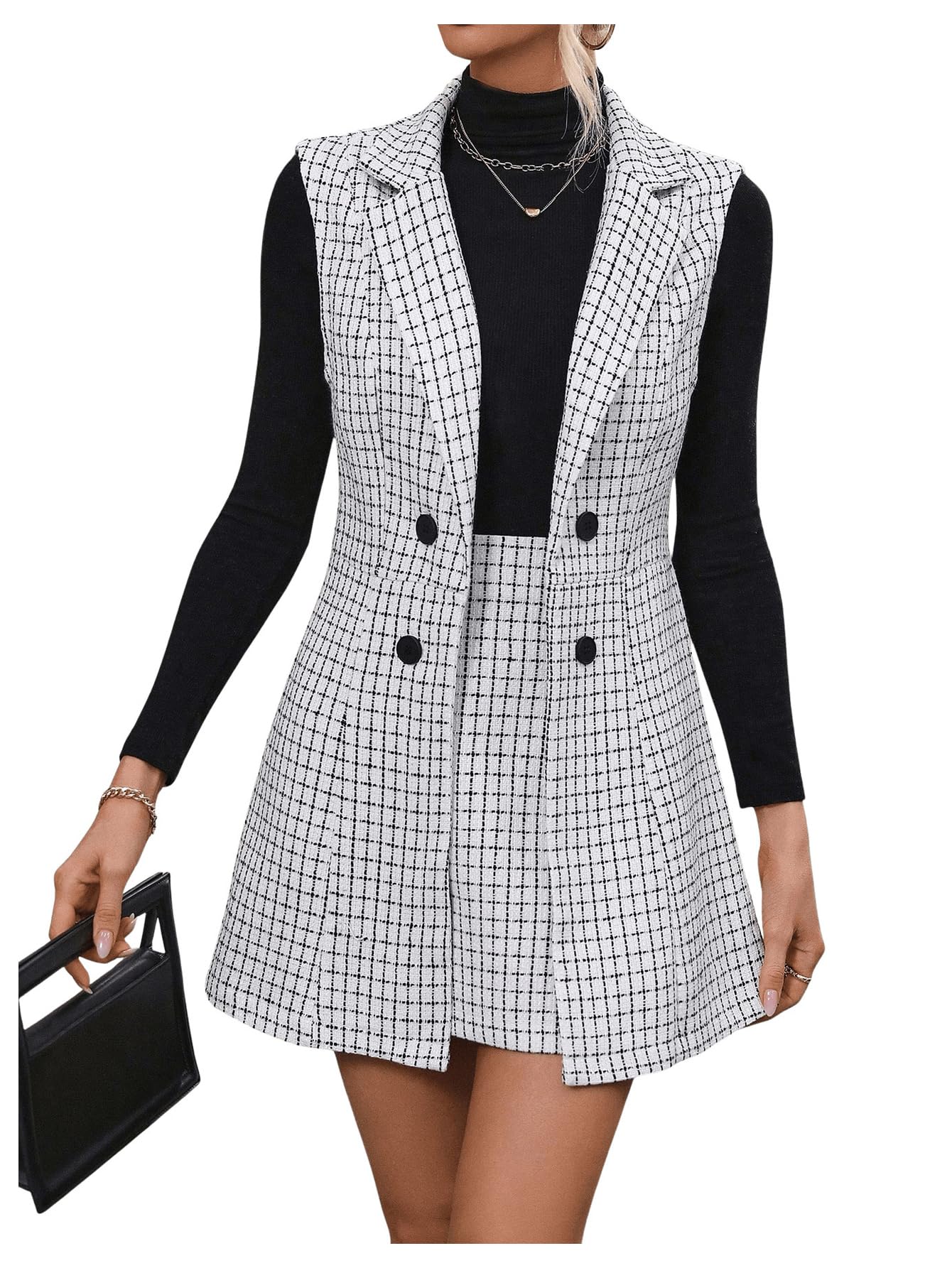 Floerns Women's 2 Piece Outfit Workwear Plaid Print Lapel Neck Vest Blazer and Skirt Set