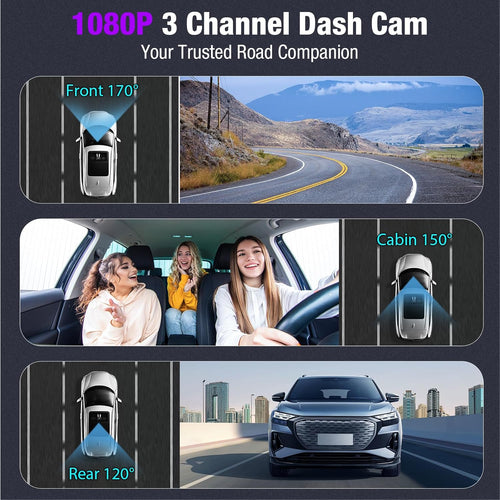 3-Channel 4K Dash Cam with WiFi, 4K+1080P+1080P Front/Inside/Rear, Night Vision, Parking Mode, 64GB Card Included