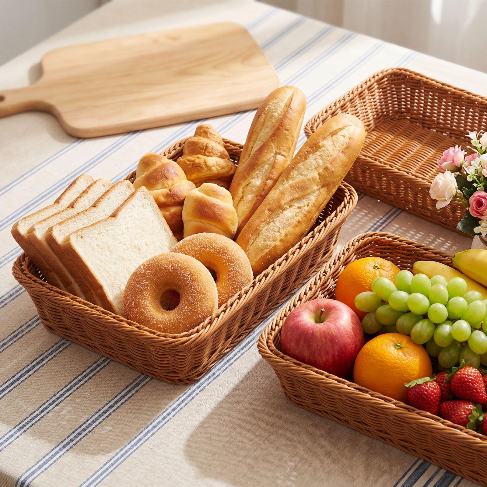 Eccliy 6 Pack Wicker Bread Baskets 15.8 Inch Woven Serving Basket for Gifts, Poly Wicker Storage Rectangle Rattan Display Trays for Bread Food Vegetables Fruit Snacks Tabletop Restaurant Home