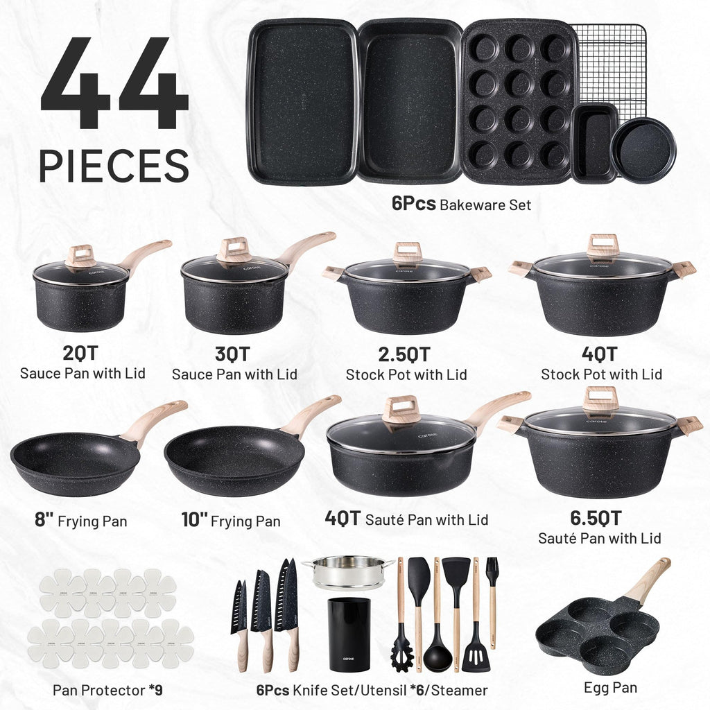 CAROTE 21pcs Pots and Pans Set Nonstick, Cookware Set Black Induction Kitchen Cooking Set w/Frying Pans & Saucepans(PFOS, PFOA Free)