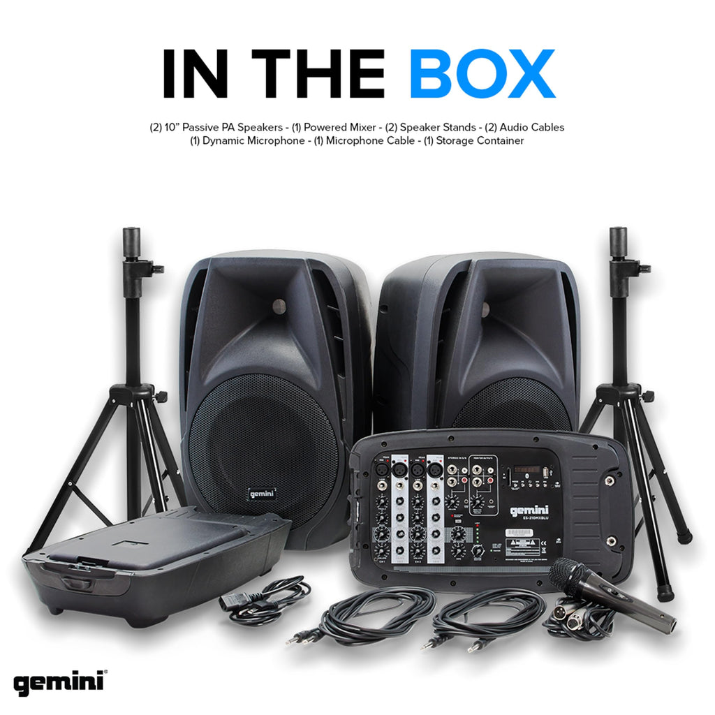 Gemini Dual 10" Powered PA System & Stands, 600W (ES-210MXBLU-ST) | Dual 10" PA with tripod stands - 6-channel powered mixer, 4 mic in - Bluetooth, USB - mic included