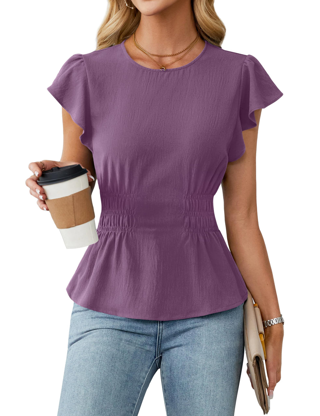 Blooming Jelly Women's Dressy Casual Blouses Business Ruffle Short Sleeve Tops Summer Crew Neck Smocked Shirts